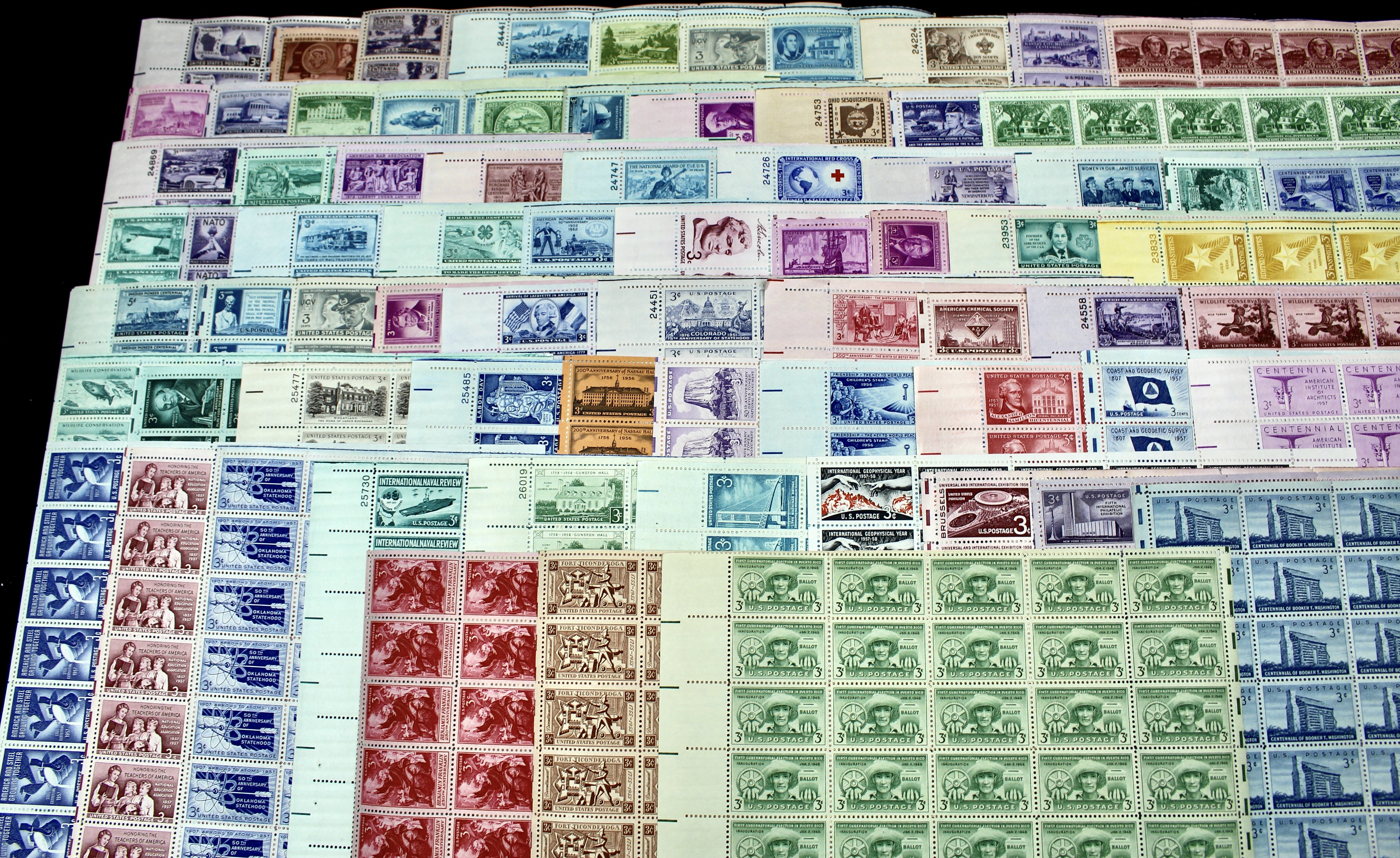 Seventy-two Different Three Cent Stamp Sheets from the 1940's and 1950's