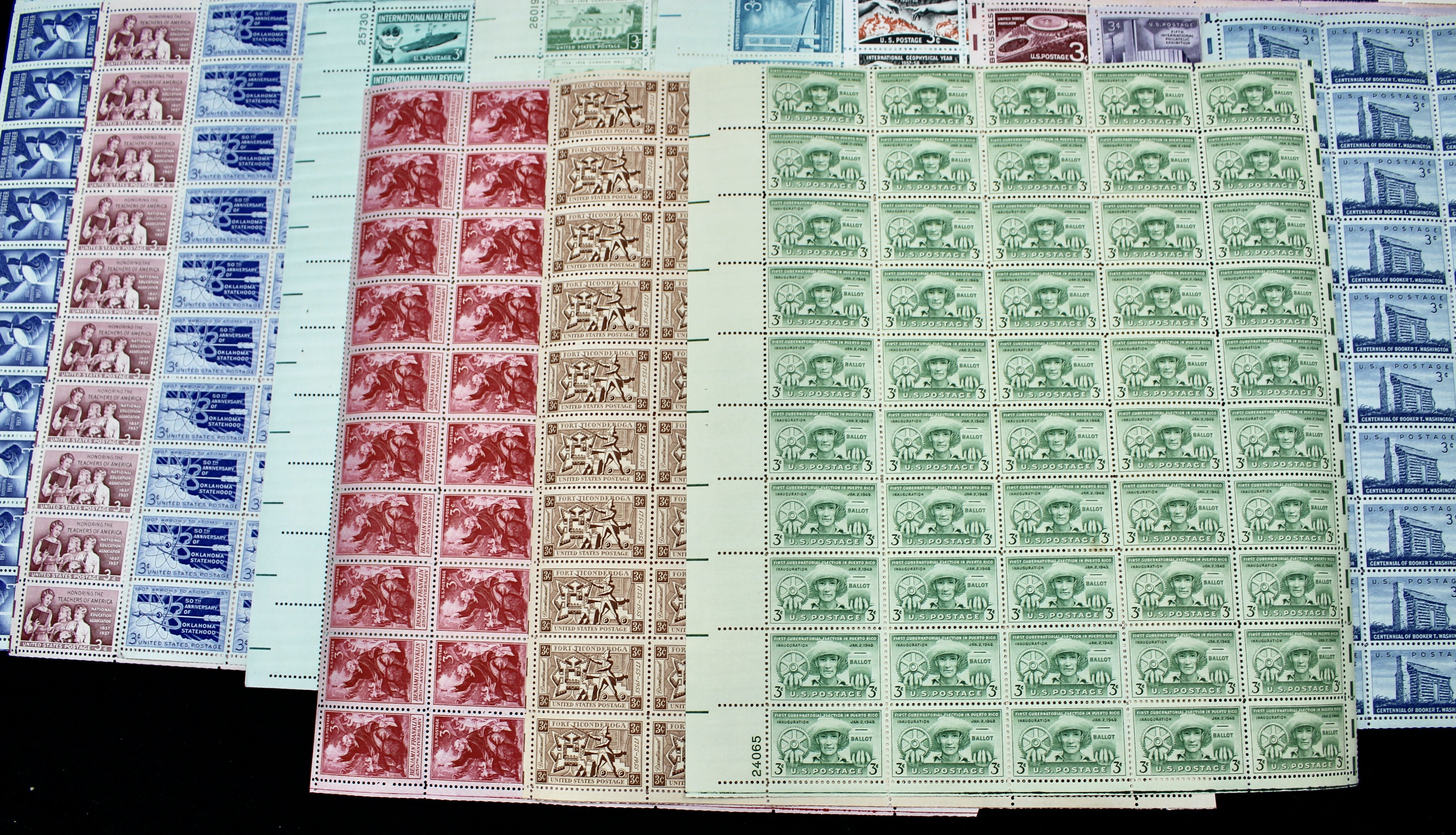 Seventy-two Different Three Cent Stamp Sheets from the 1940's and 1950's