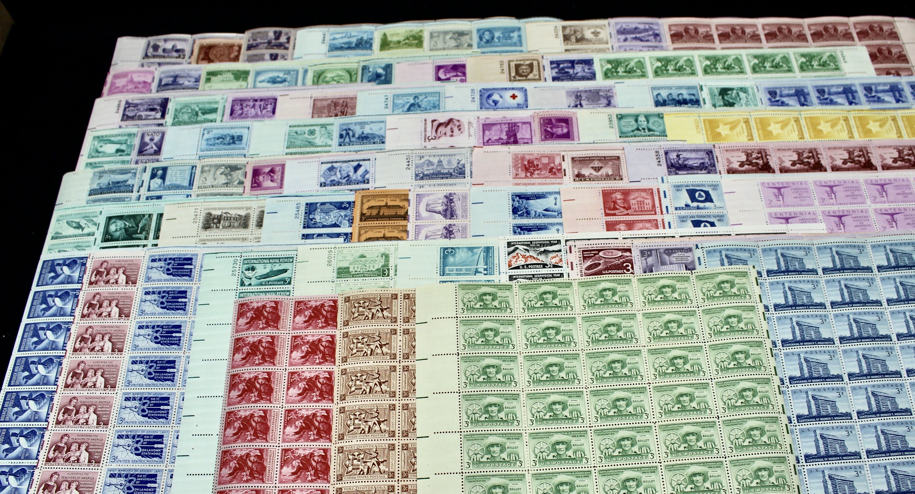 Seventy-two Different Three Cent Stamp Sheets from the 1940's and 1950's
