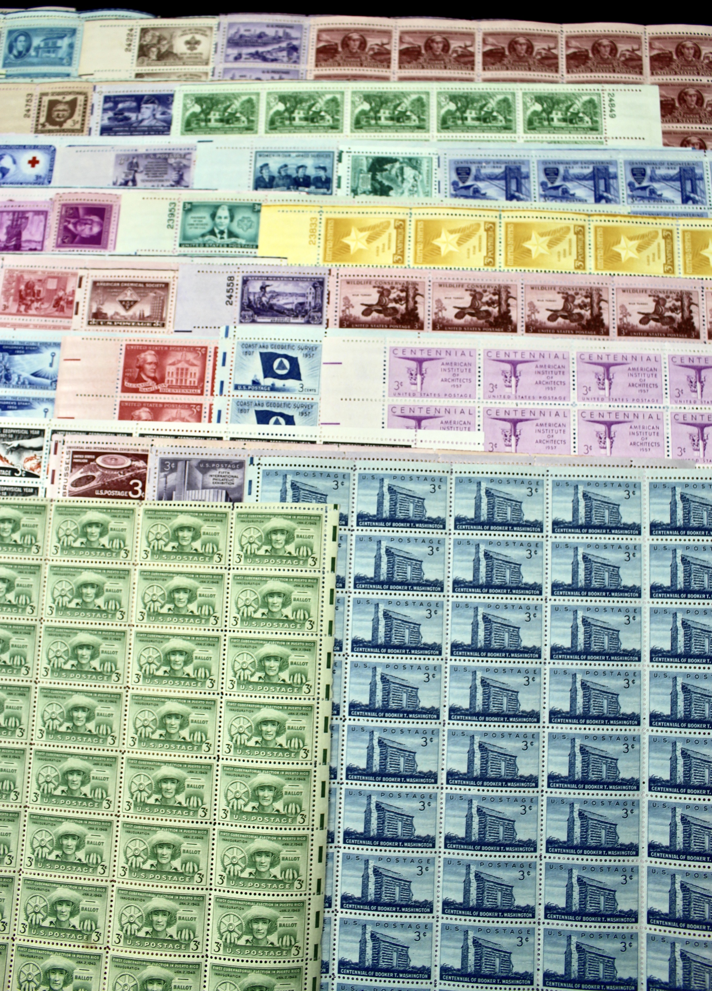 Seventy-two Different Three Cent Stamp Sheets from the 1940's and 1950's