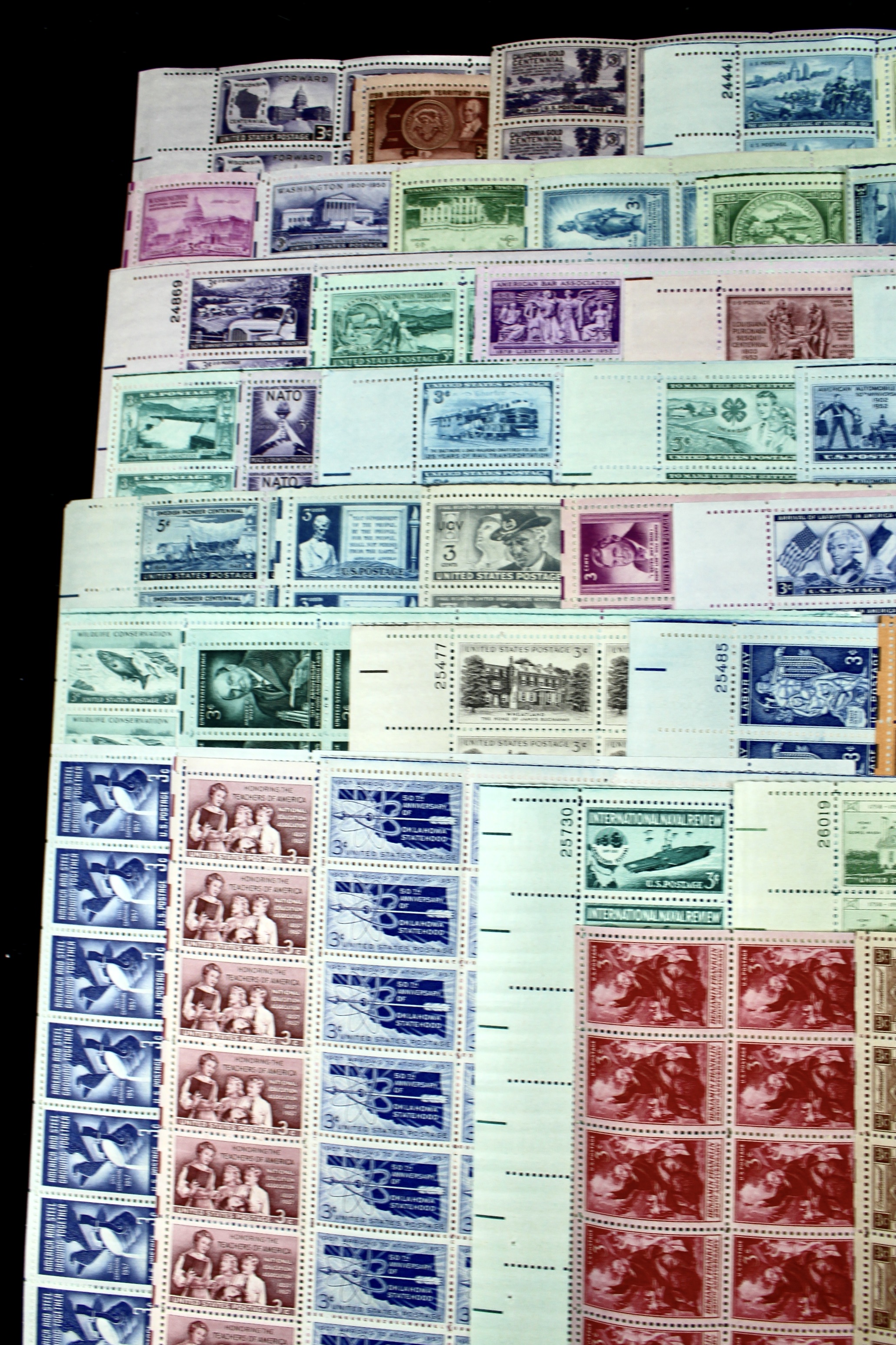 Seventy-two Different Three Cent Stamp Sheets from the 1940's and 1950's