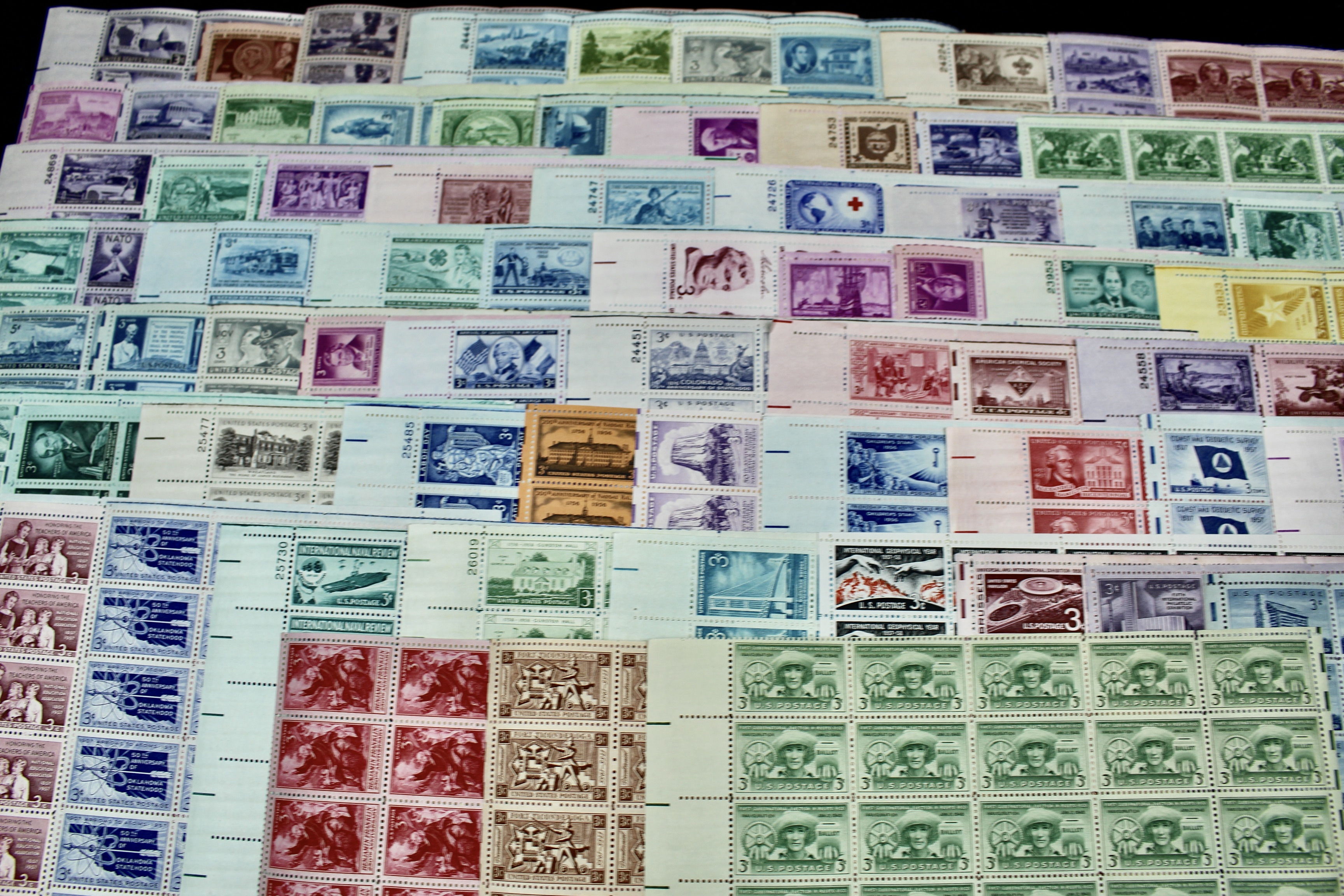 Seventy-two Different Three Cent Stamp Sheets from the 1940's and 1950's