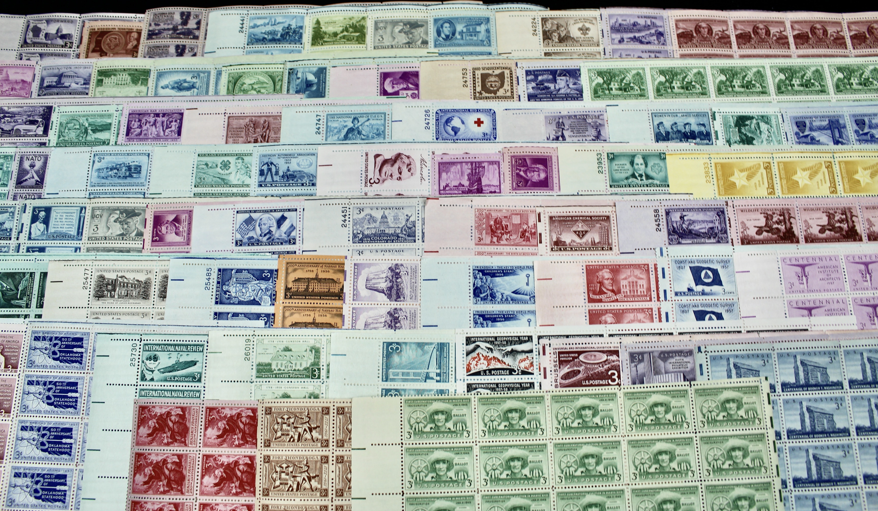 Seventy-two Different Three Cent Stamp Sheets from the 1940's and 1950's