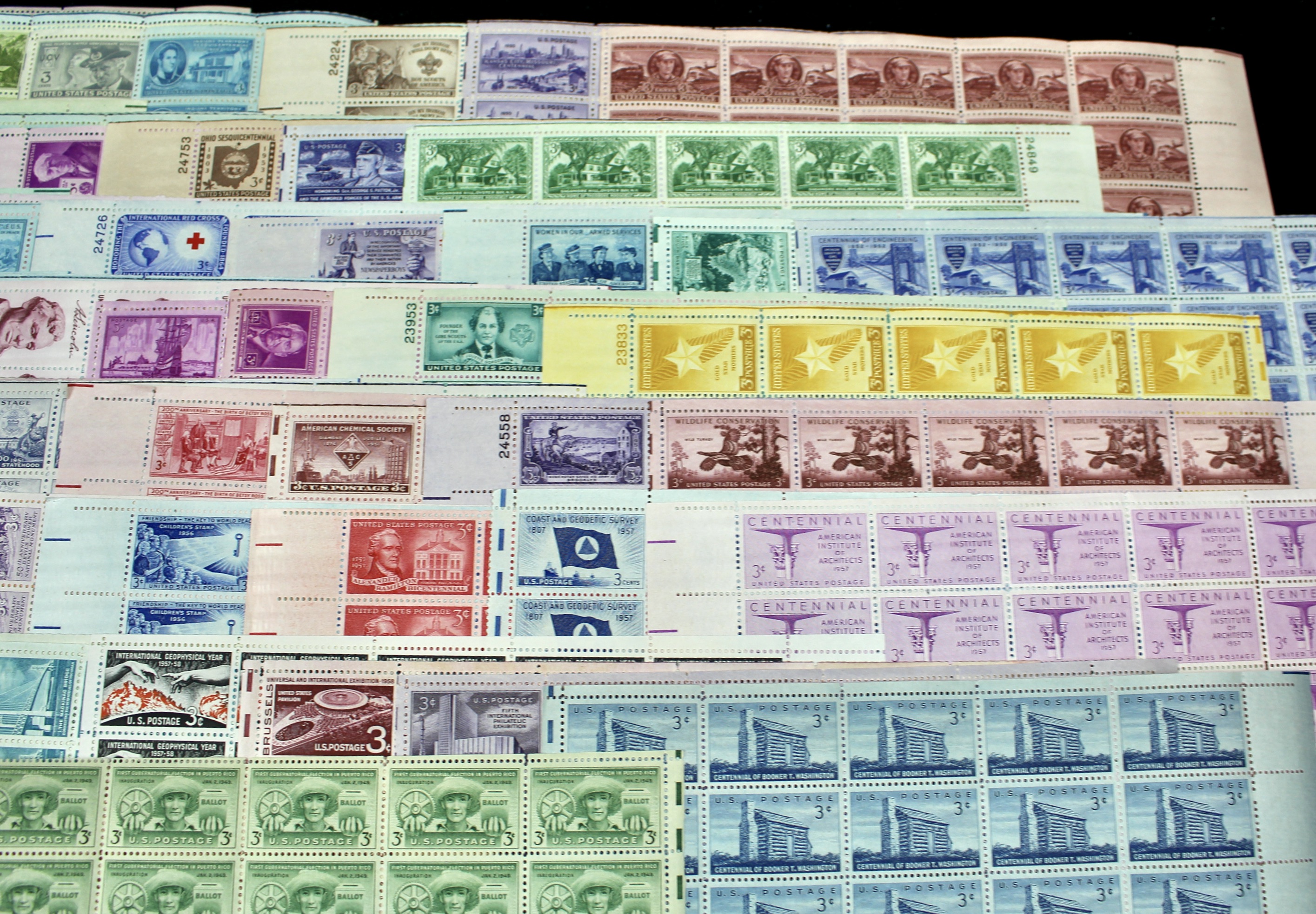 Seventy-two Different Three Cent Stamp Sheets from the 1940's and 1950's