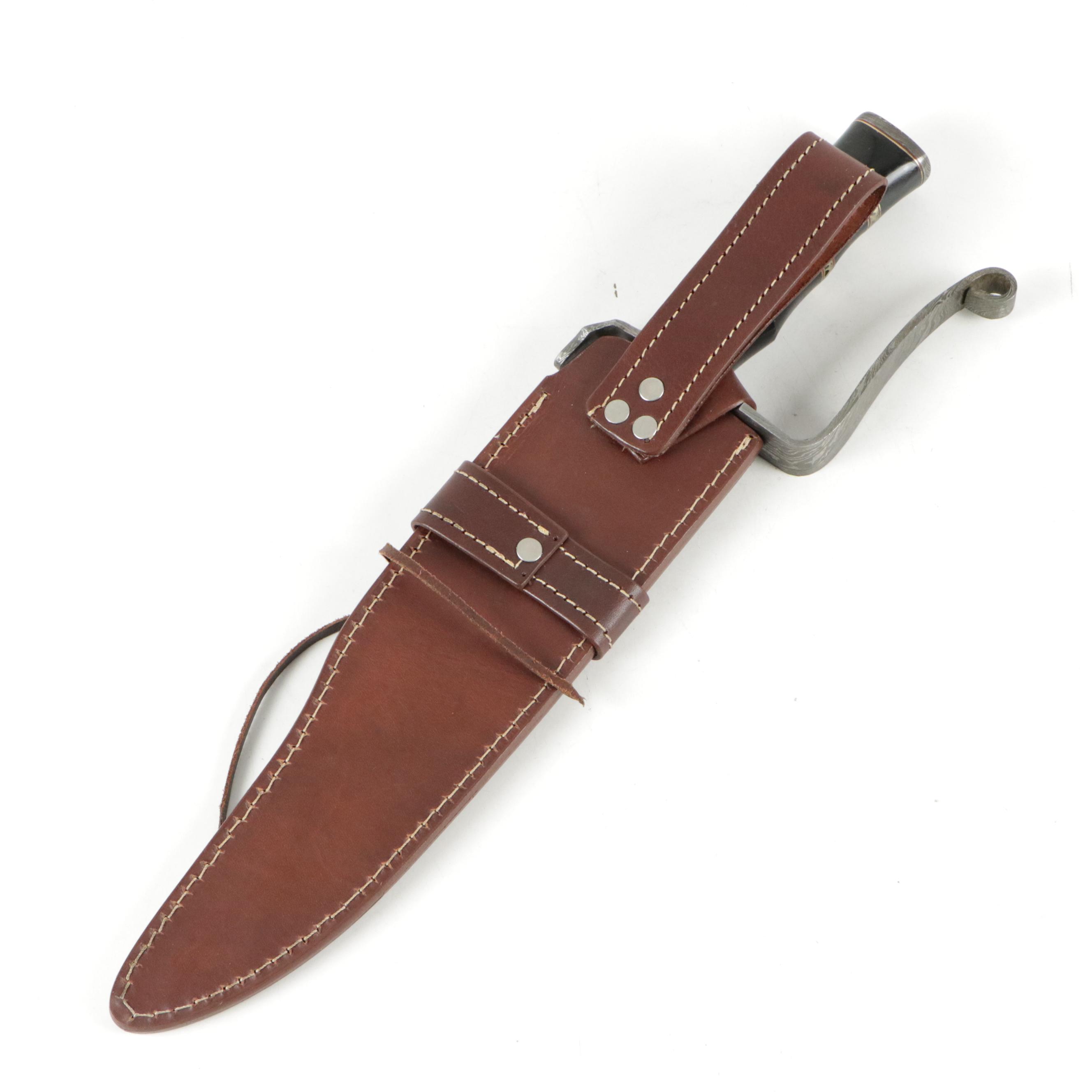 Damascus Steel Fixed Blade Hunting Knife with Leather Scabbard