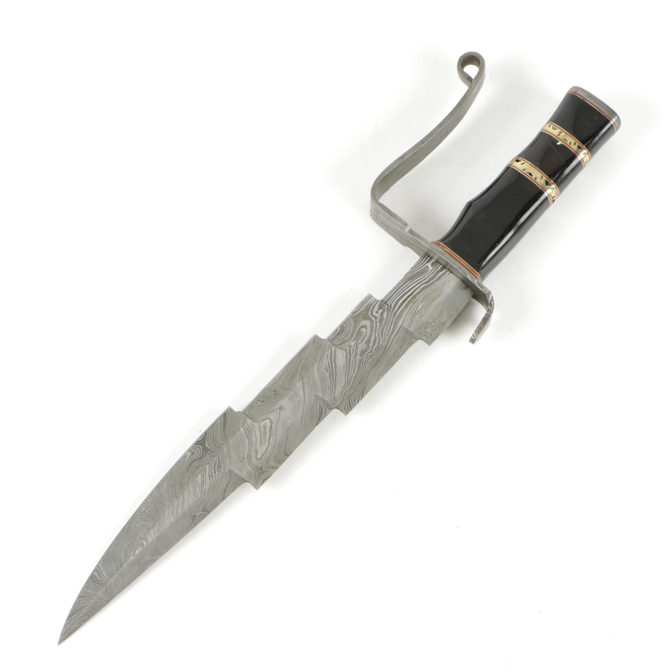 Damascus Steel Fixed Blade Hunting Knife with Leather Scabbard