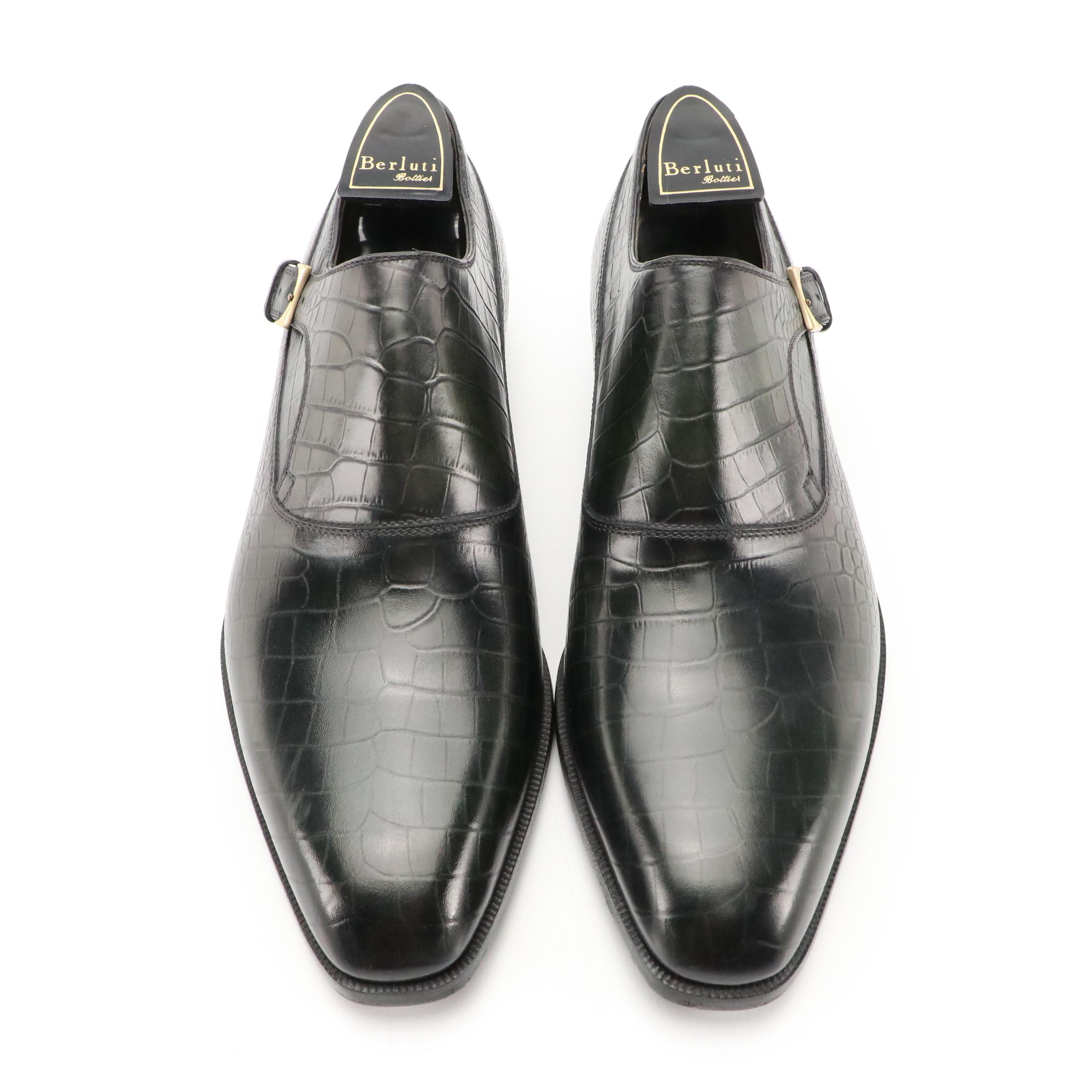 Men's Berluti Green Gradient Alligator Leather Single Monk Strap Shoes