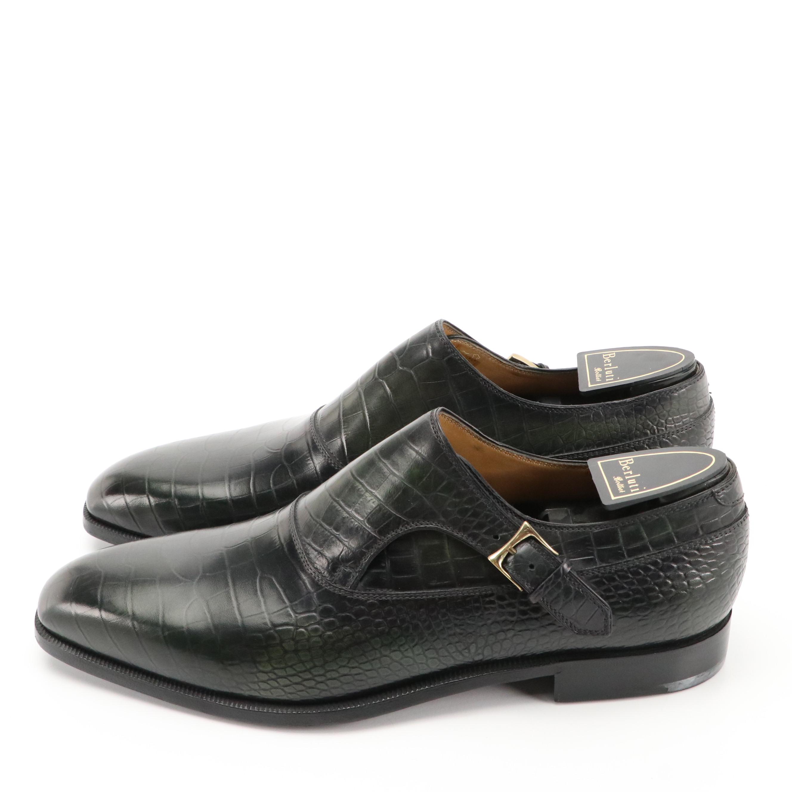 Men's Berluti Green Gradient Alligator Leather Single Monk Strap Shoes