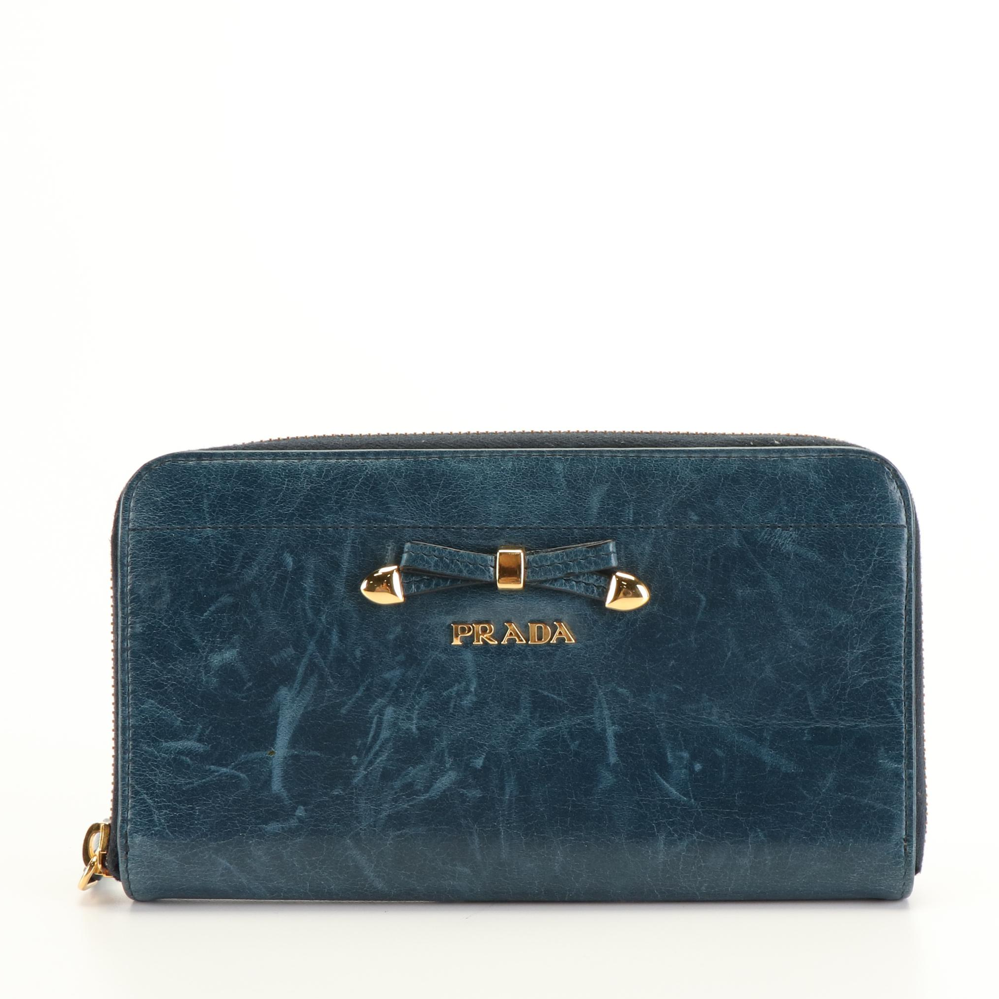 Prada Indigo Blue Antique Leather Zip Around Wallet