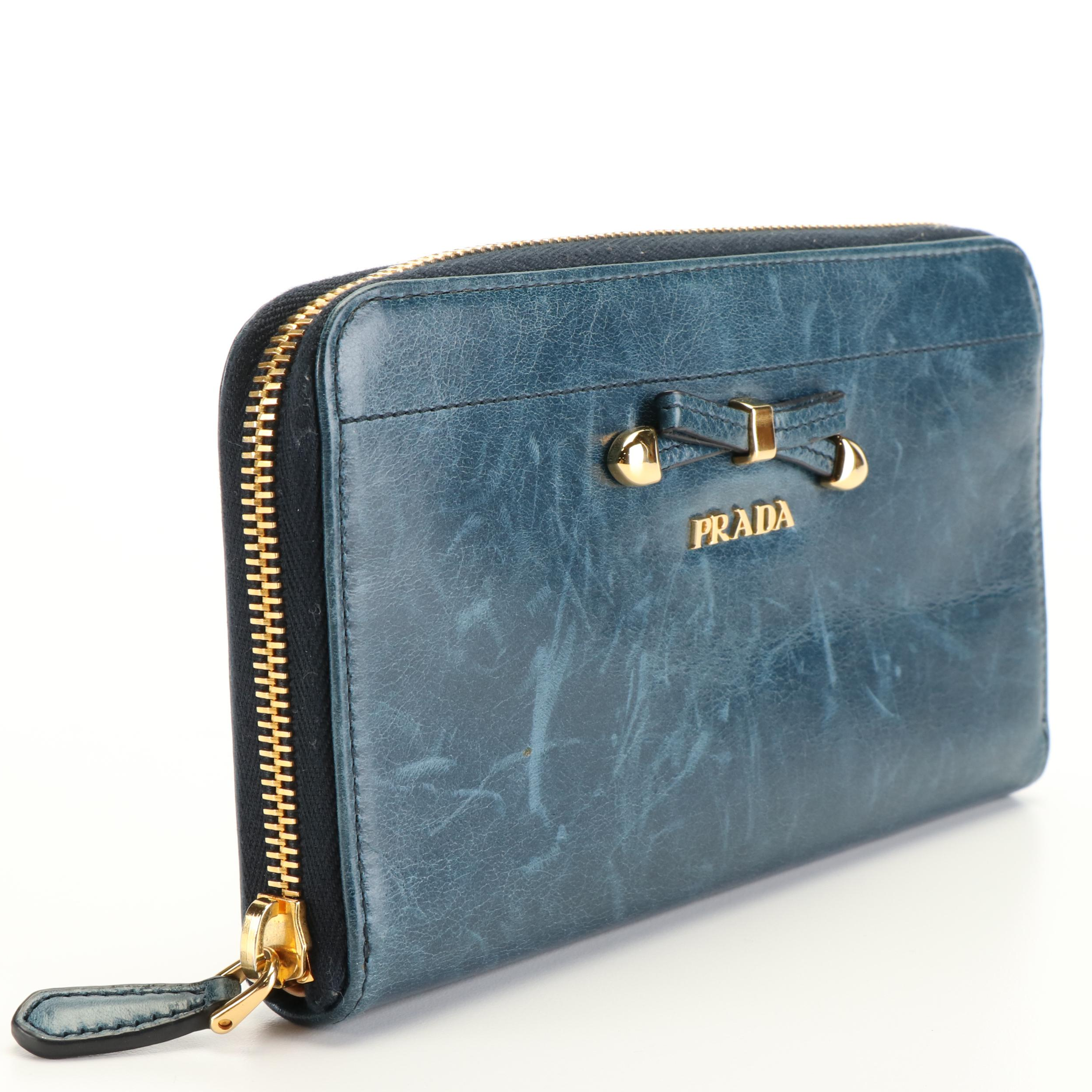 Prada Indigo Blue Antique Leather Zip Around Wallet