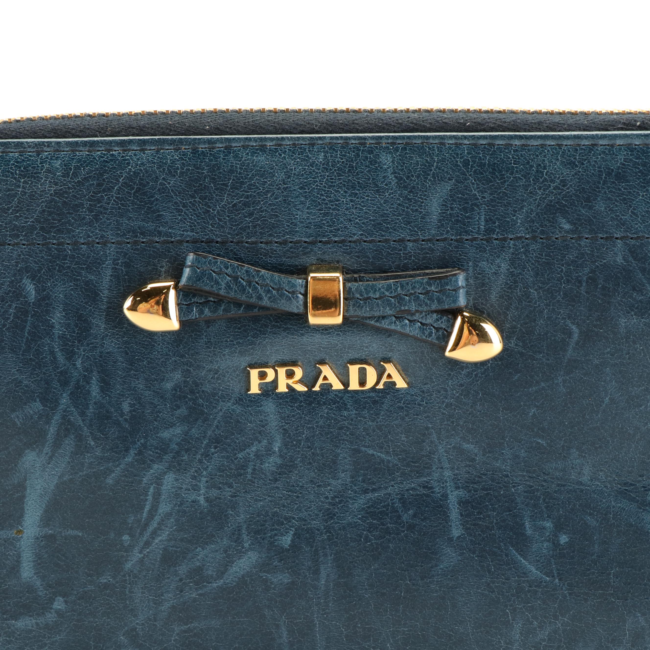 Prada Indigo Blue Antique Leather Zip Around Wallet