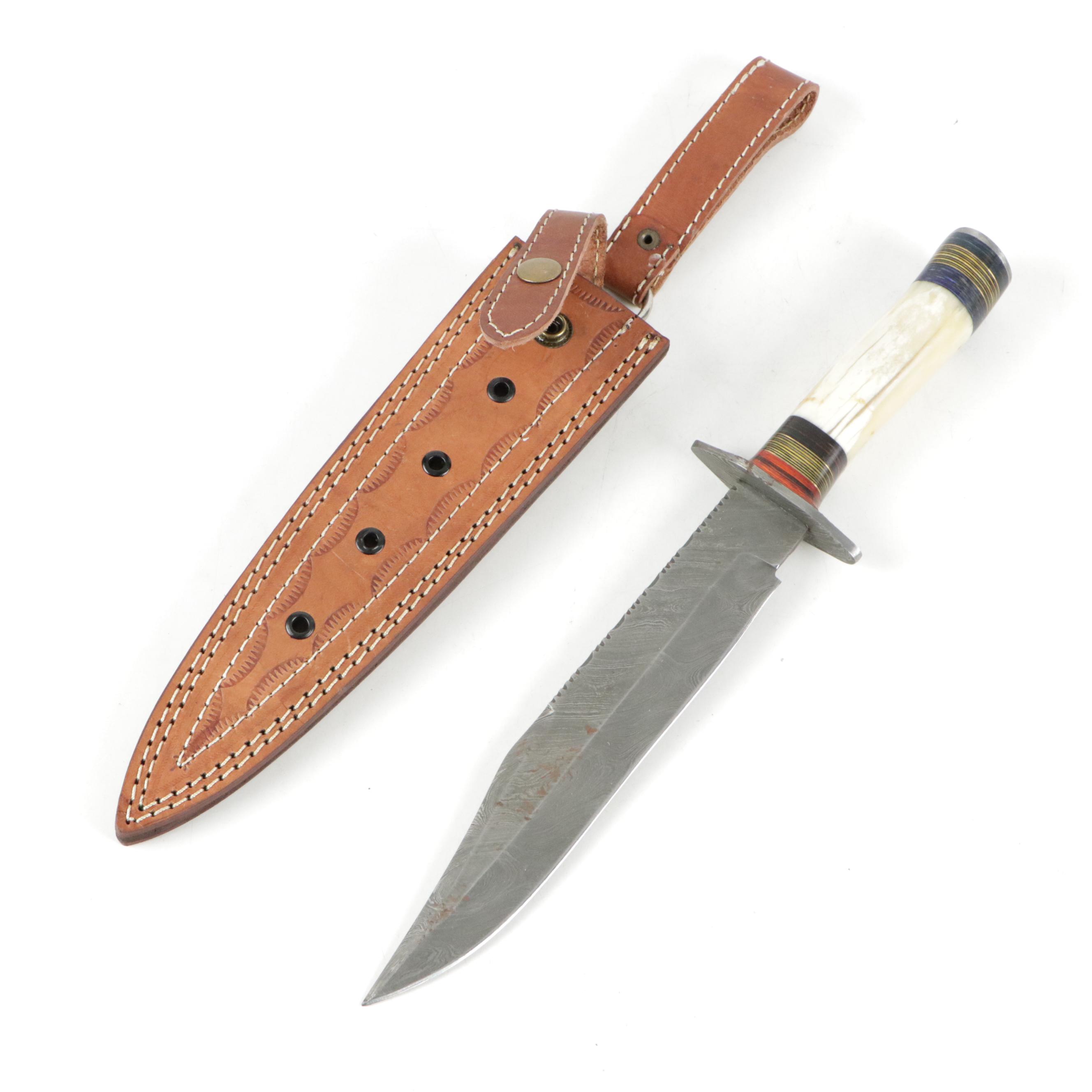 Rugged Bowie Knife with Twist Damascus Steel Blade & Bone Handle main image 0