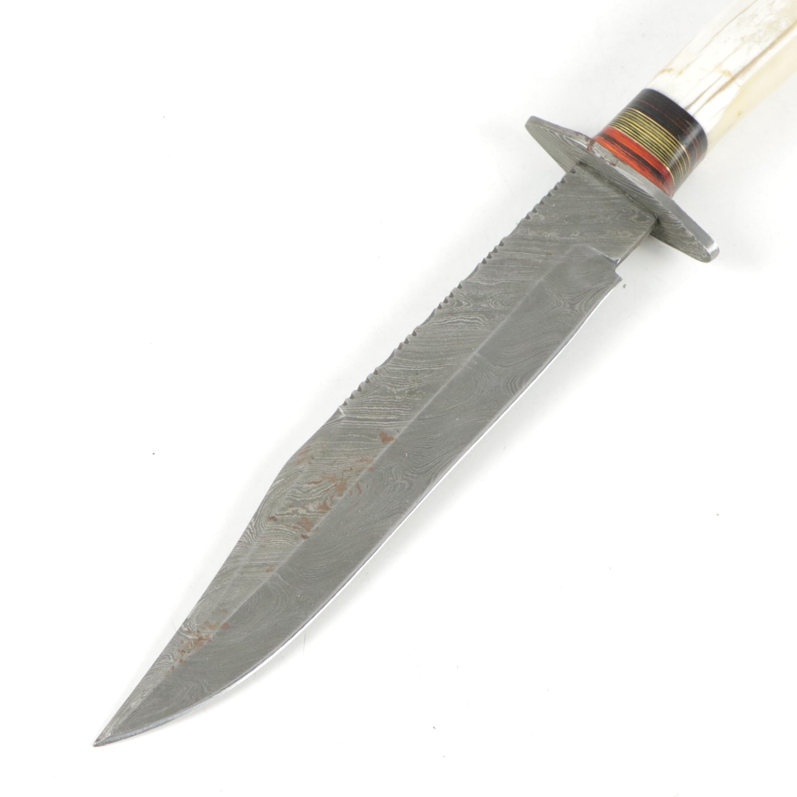 Rugged Bowie Knife with Twist Damascus Steel Blade & Bone Handle main image 1