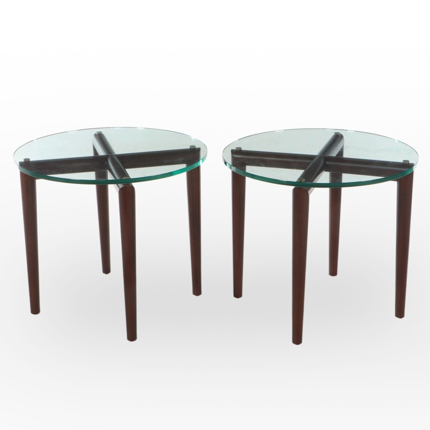 Pair of Modernist Style Cherrywood and Glass Top Side Tables