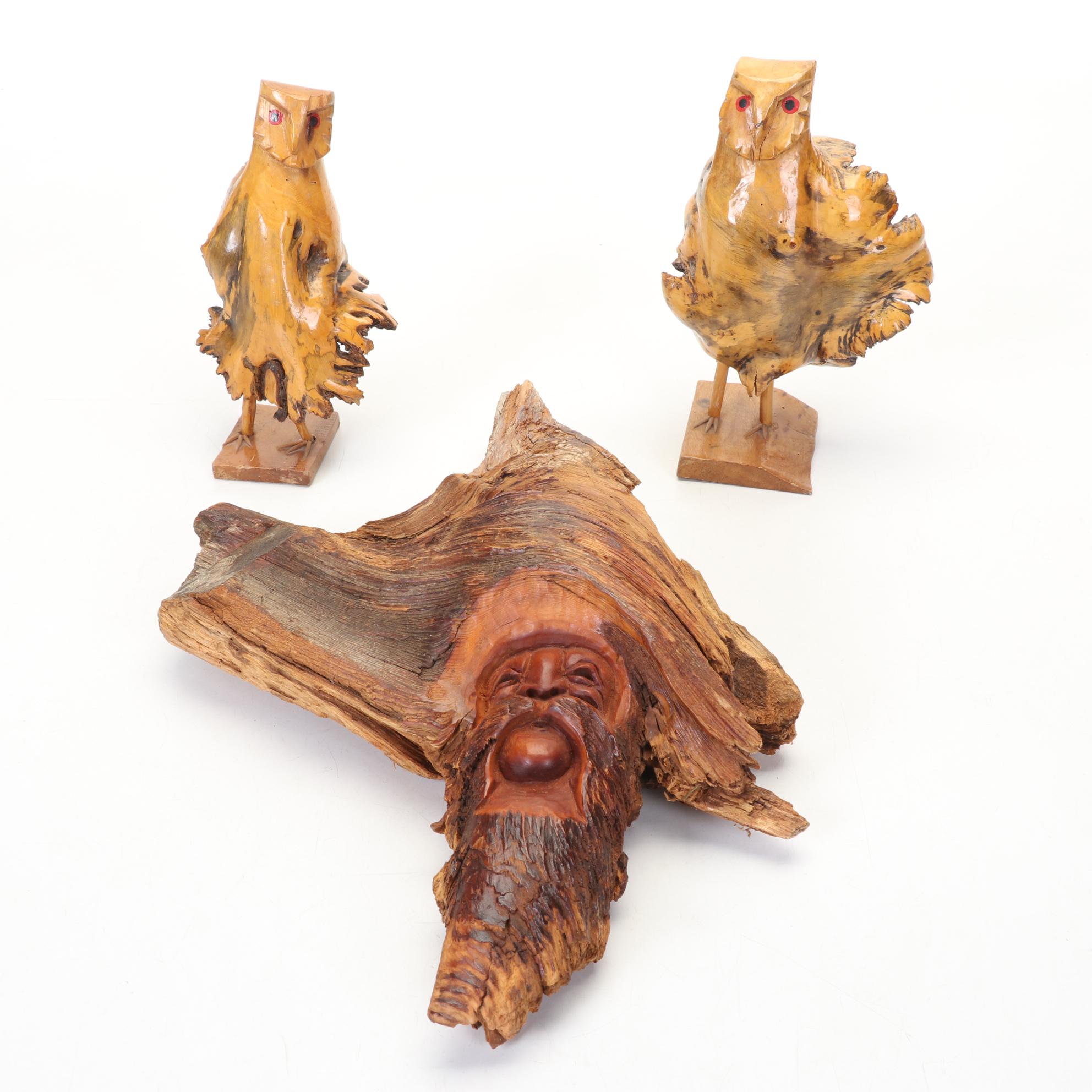 Wells P Signed Burl Wood Face Carving and Manzanita Wood Knot Owl Carvings