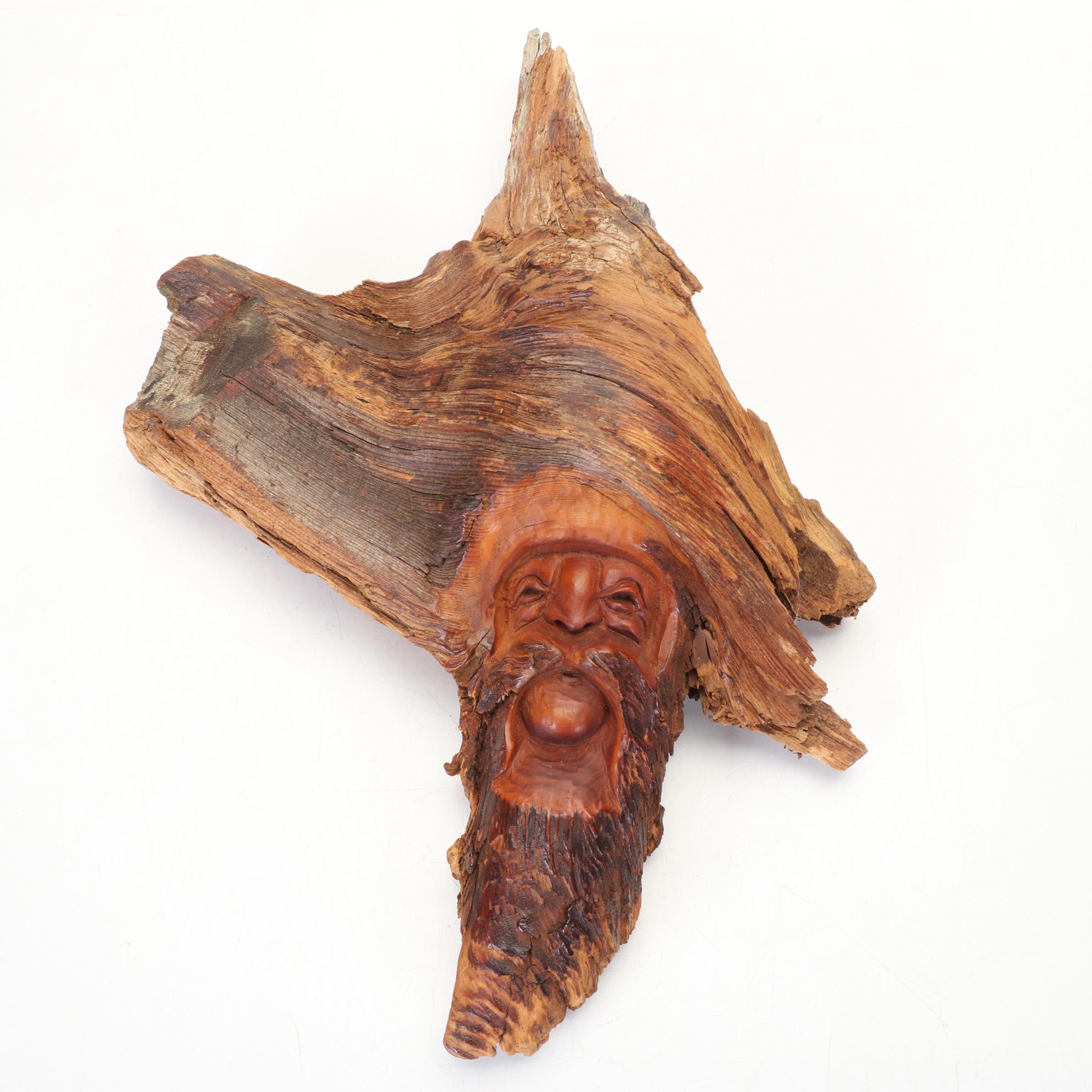 Wells P Signed Burl Wood Face Carving and Manzanita Wood Knot Owl Carvings