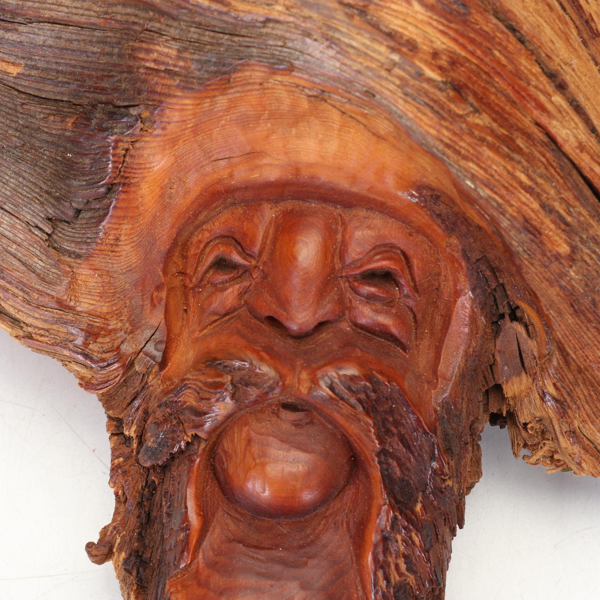 Wells P Signed Burl Wood Face Carving and Manzanita Wood Knot Owl Carvings