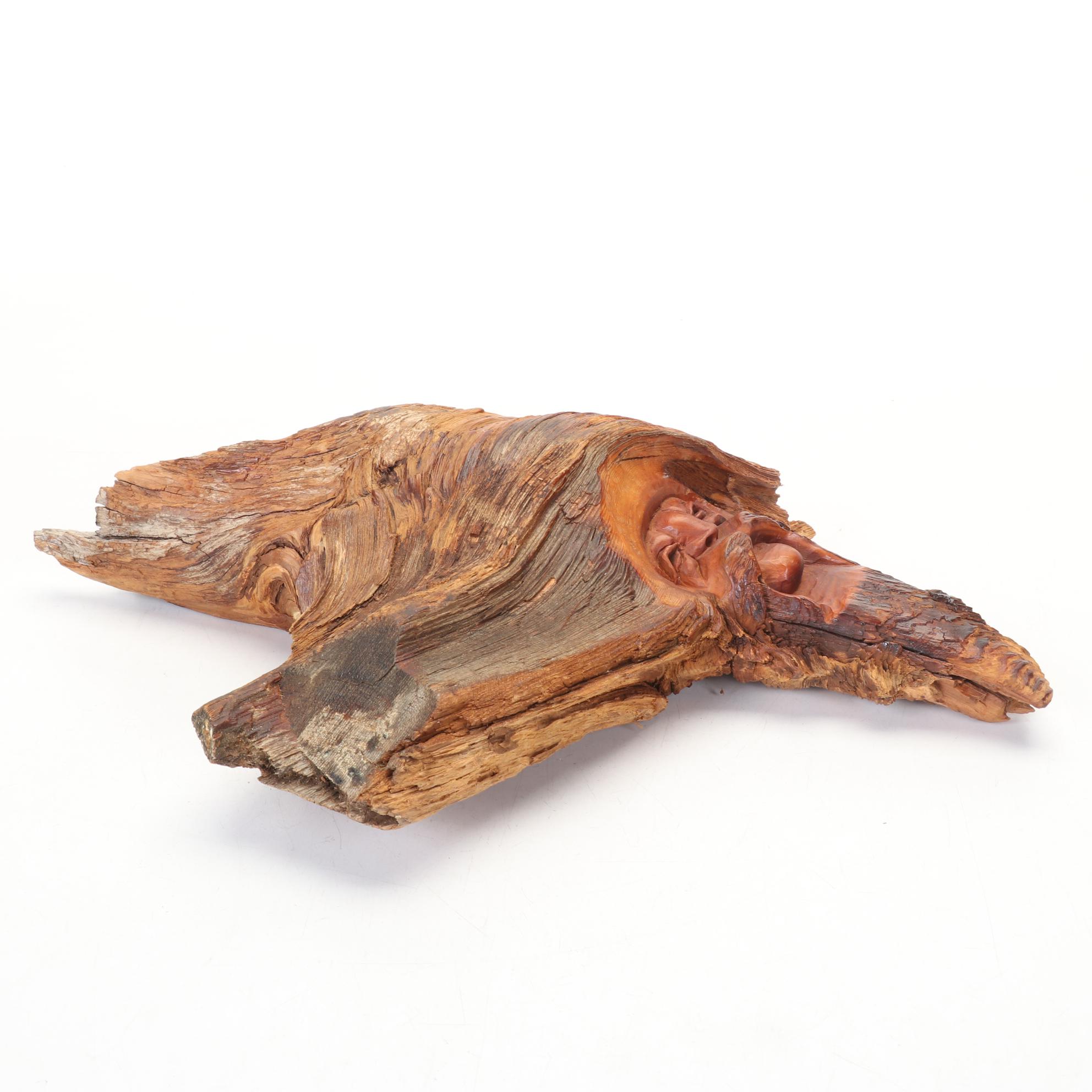 Wells P Signed Burl Wood Face Carving and Manzanita Wood Knot Owl Carvings