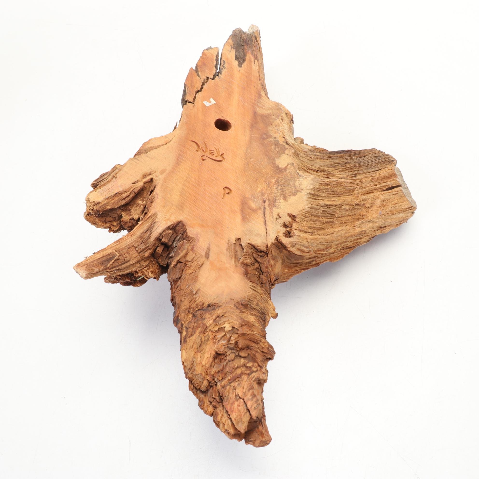 Wells P Signed Burl Wood Face Carving and Manzanita Wood Knot Owl Carvings