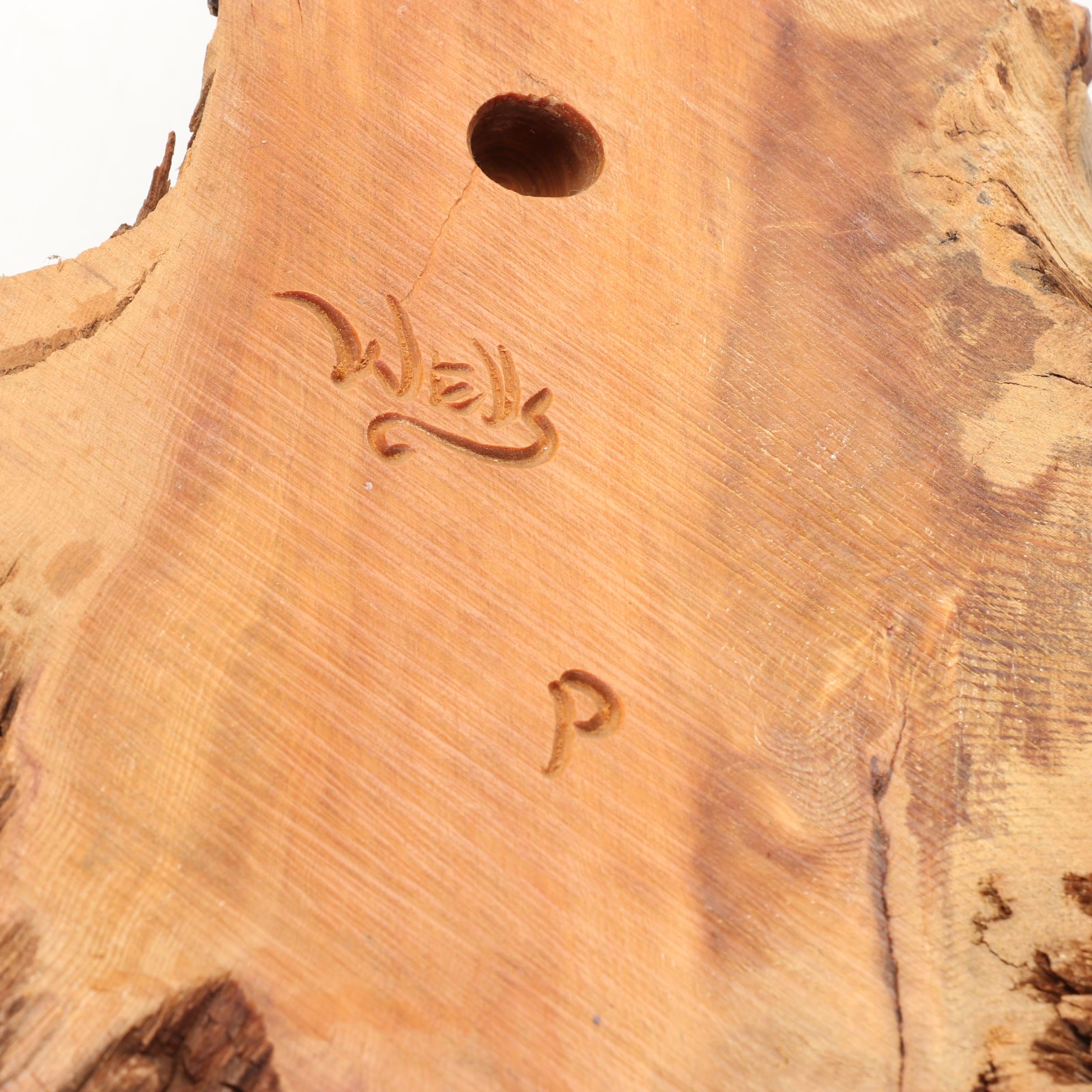 Wells P Signed Burl Wood Face Carving and Manzanita Wood Knot Owl Carvings