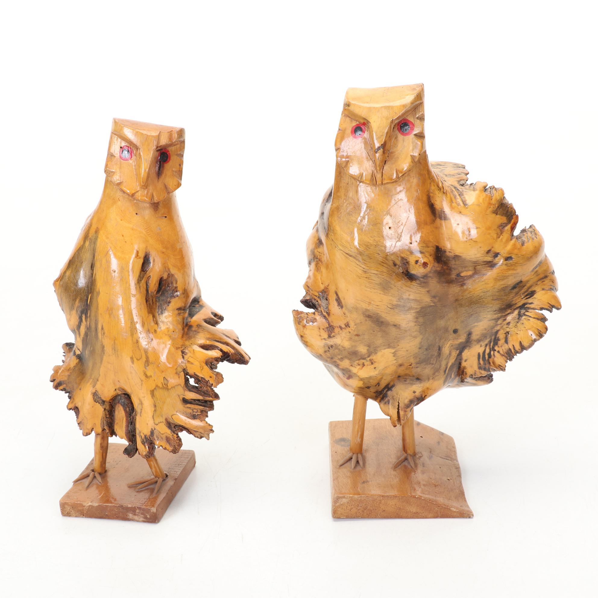 Wells P Signed Burl Wood Face Carving and Manzanita Wood Knot Owl Carvings