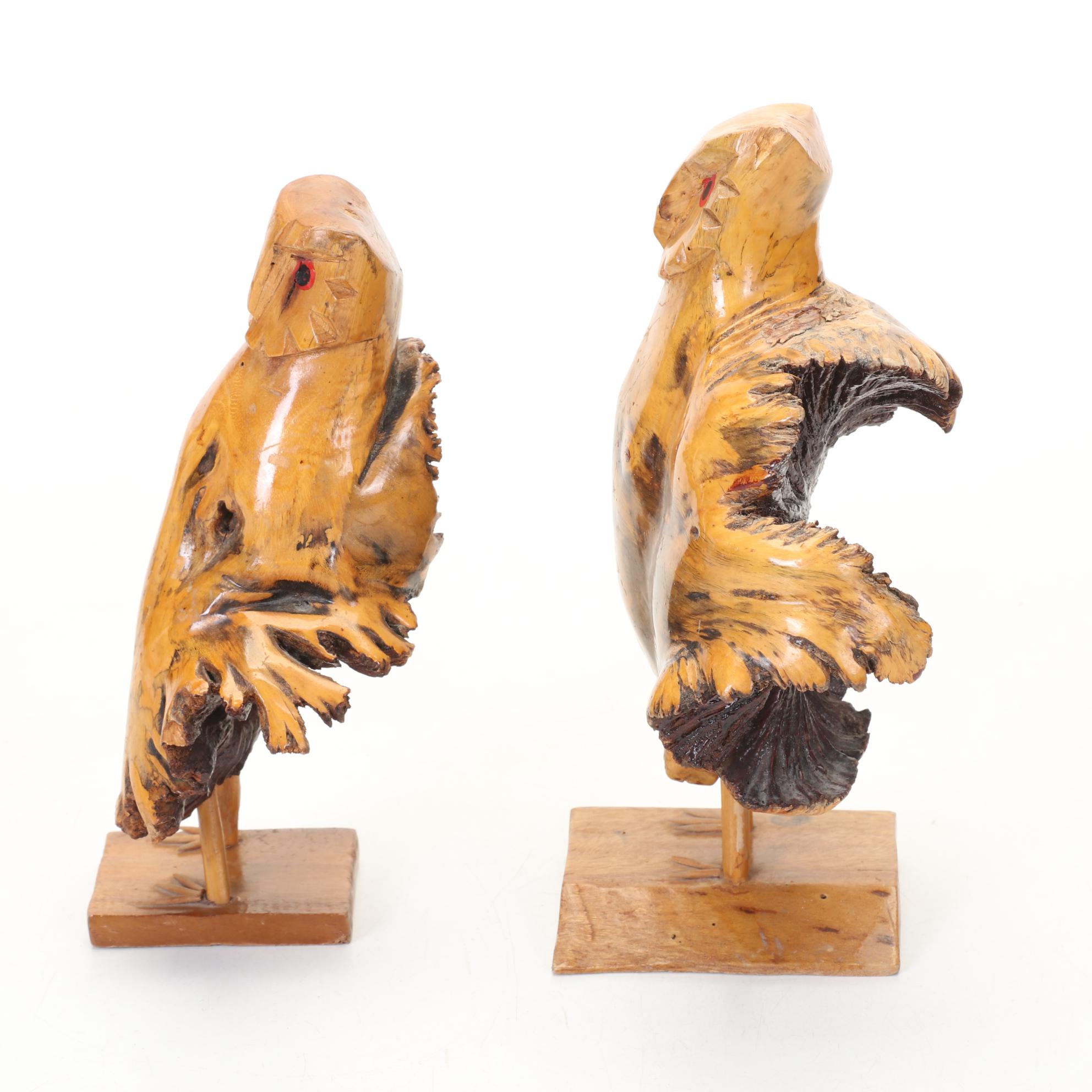 Wells P Signed Burl Wood Face Carving and Manzanita Wood Knot Owl Carvings