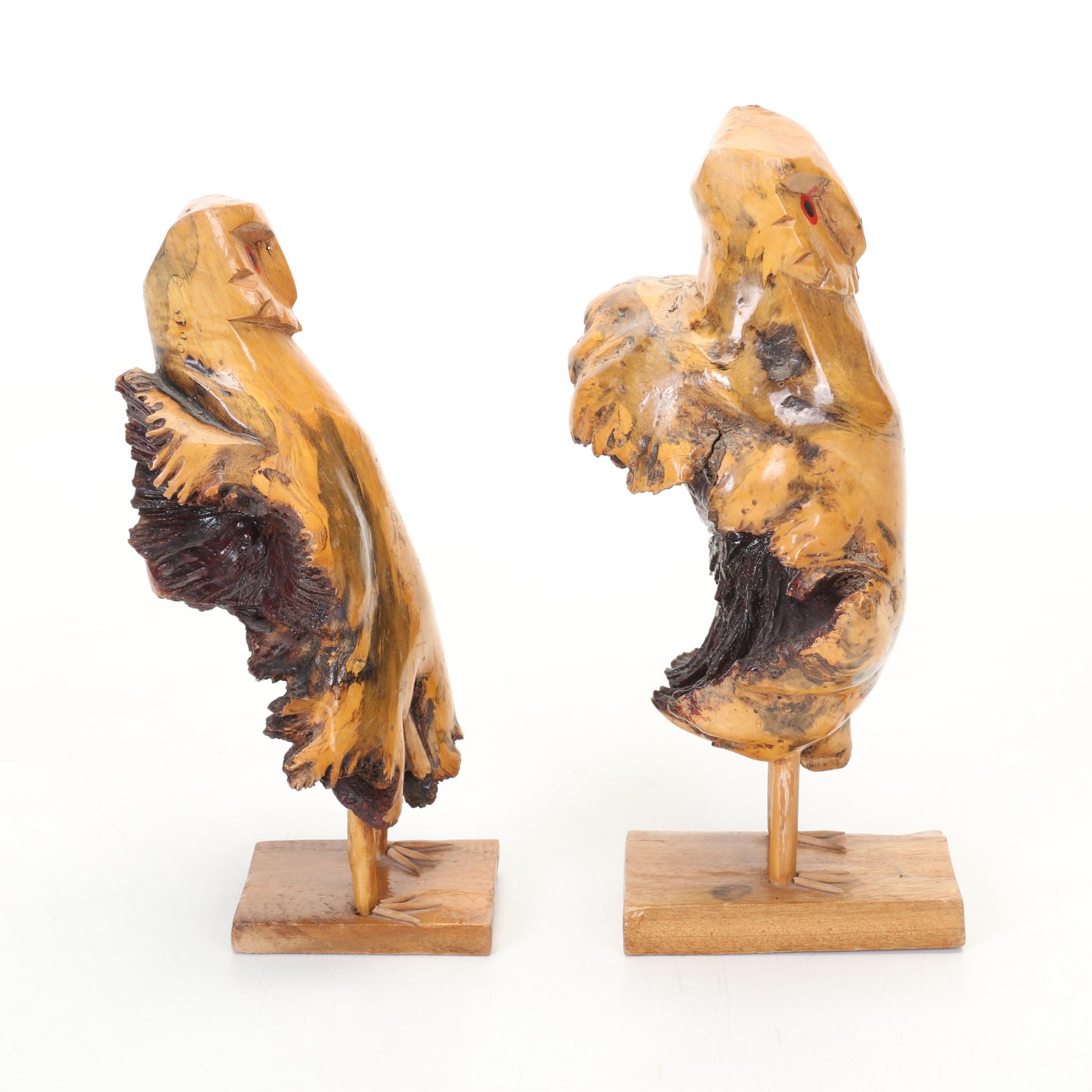 Wells P Signed Burl Wood Face Carving and Manzanita Wood Knot Owl Carvings