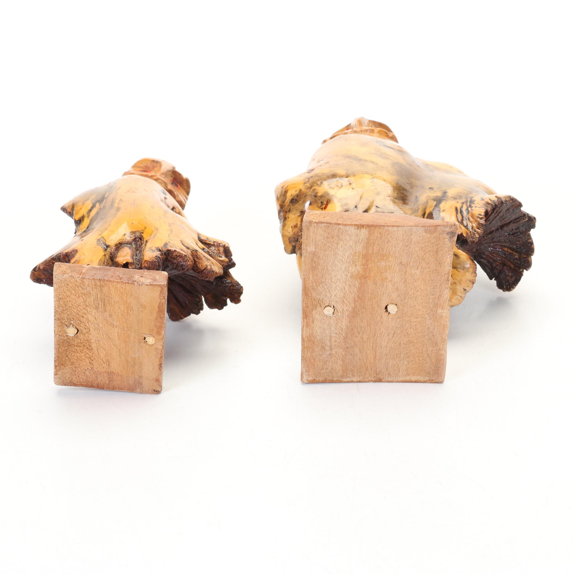 Wells P Signed Burl Wood Face Carving and Manzanita Wood Knot Owl Carvings