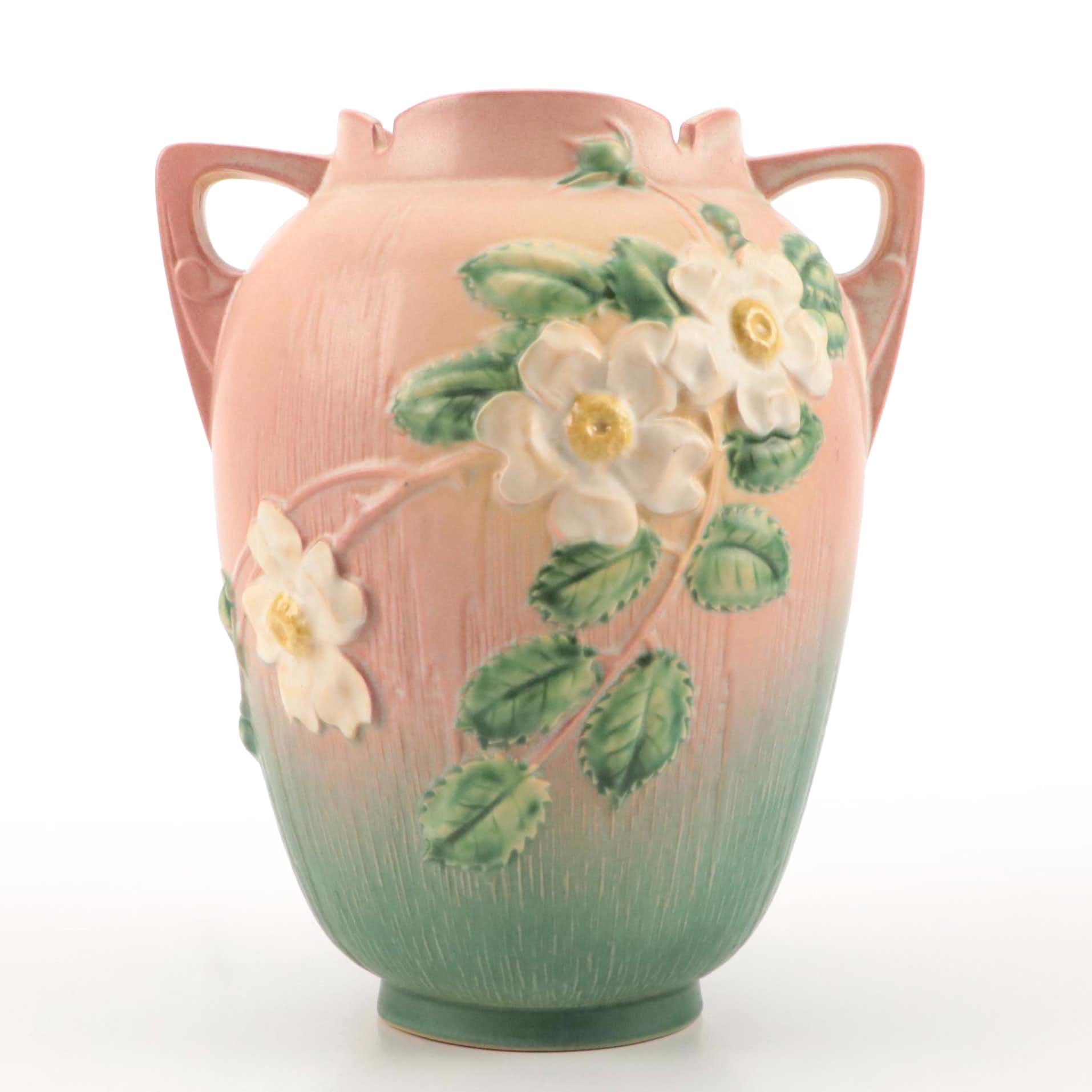 Roseville Art Pottery "White Rose Pink and Green" Ceramic Handled Vase