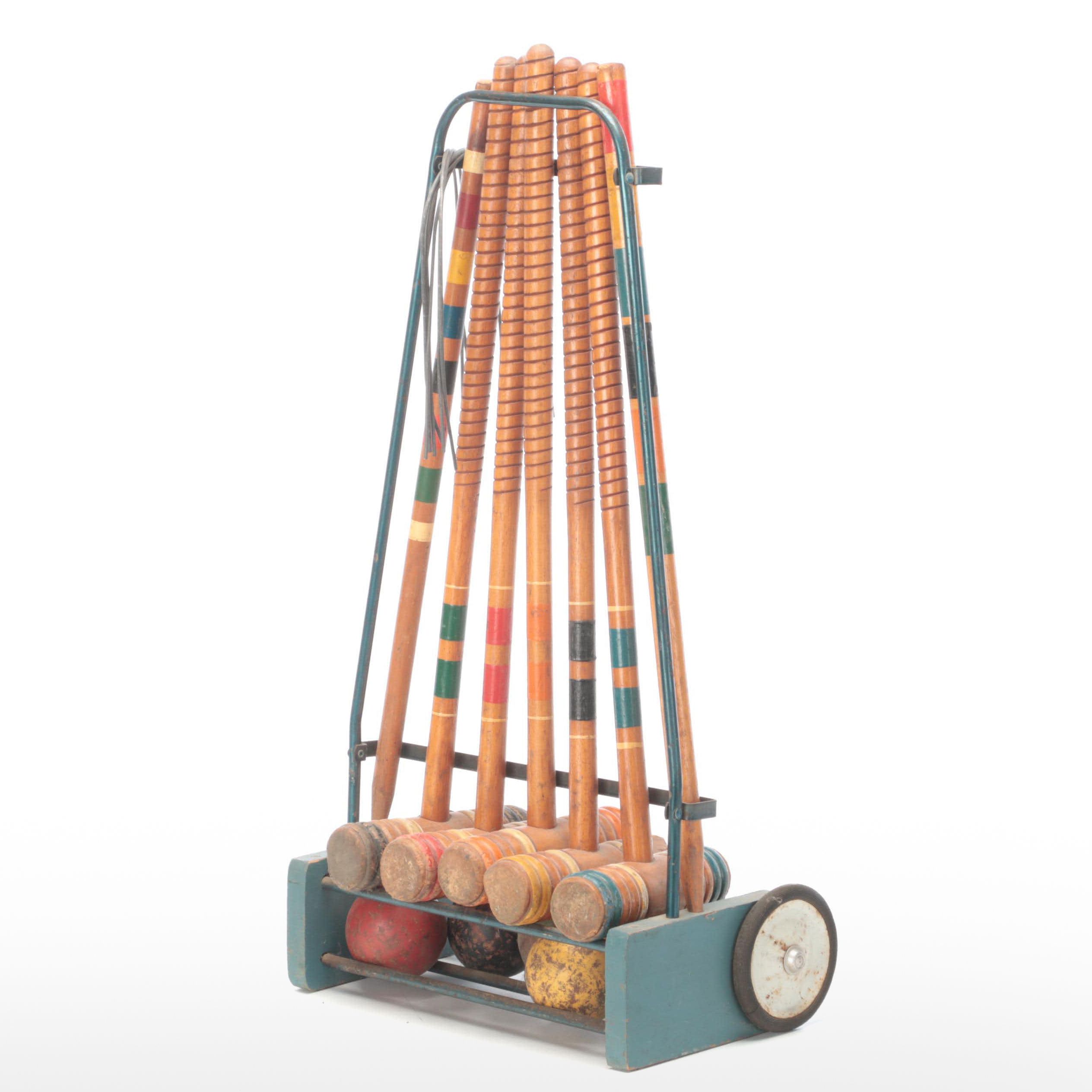 Lawn Croquet Rolling Caddy With Mallets and Balls