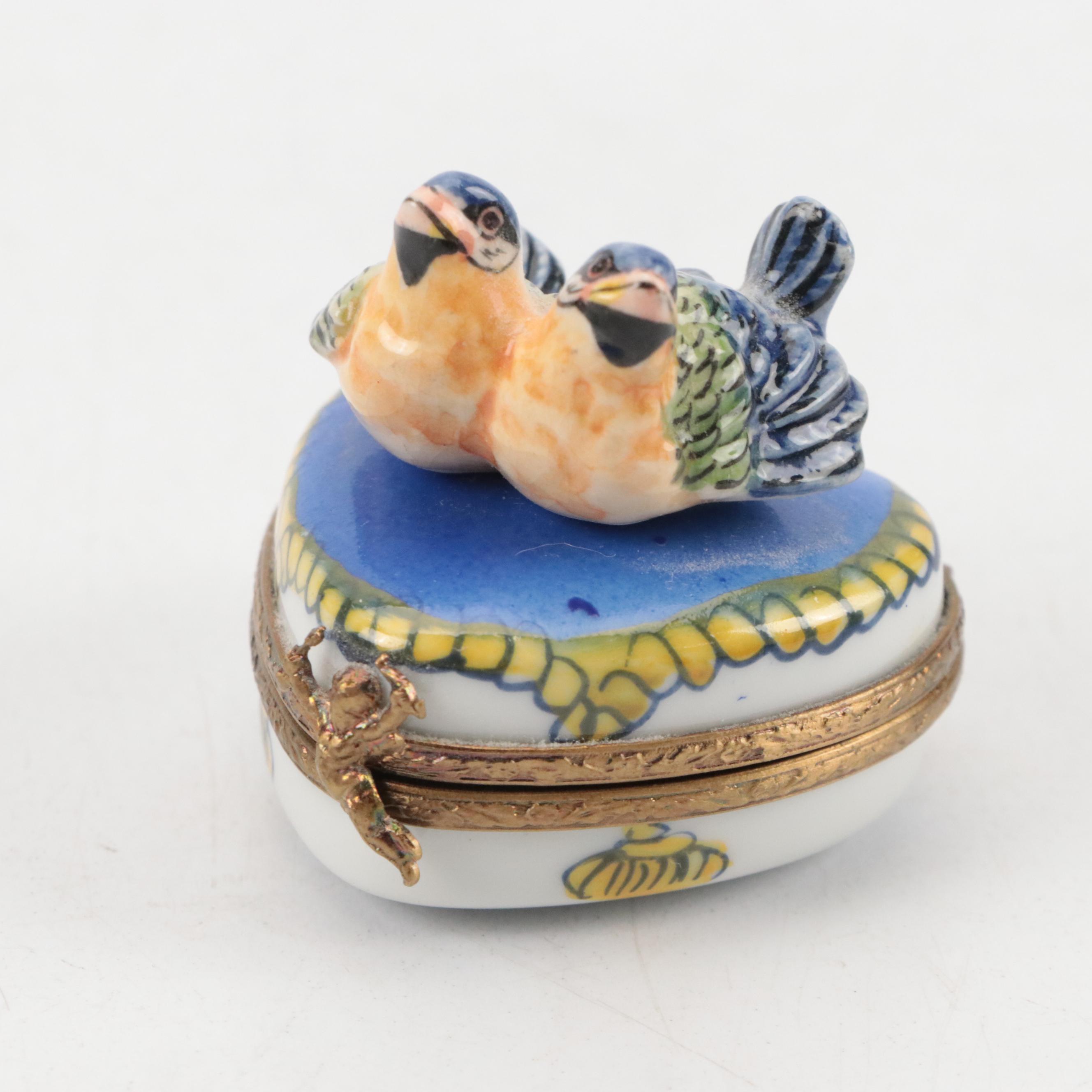 Carved Alabaster with Inlaid Shell Decorative Box with Ceramic and Metal Boxes