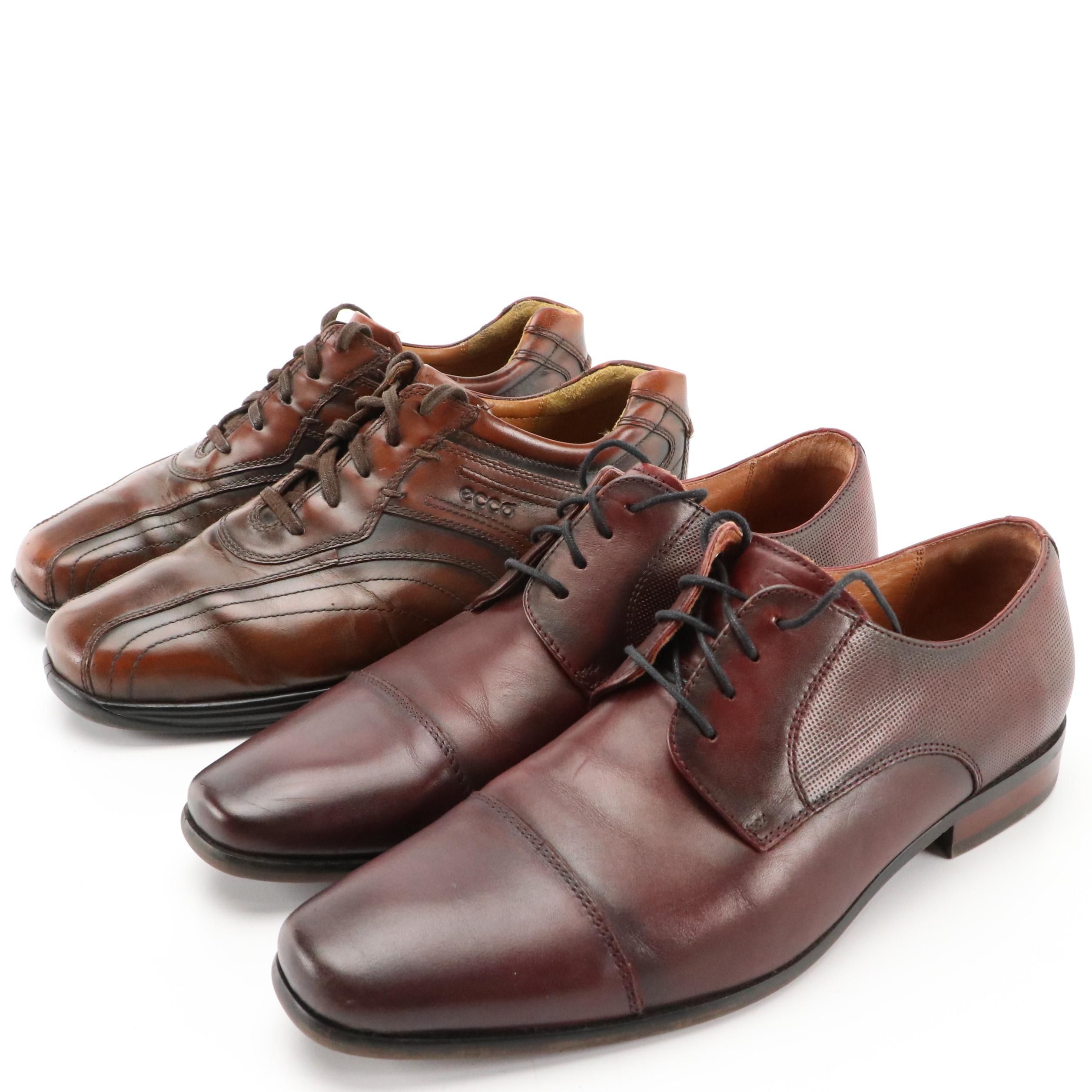 Men's Ecco Brown Leather Lace-Up Shoes & Florsheim Burgundy Cap Toe Oxfords