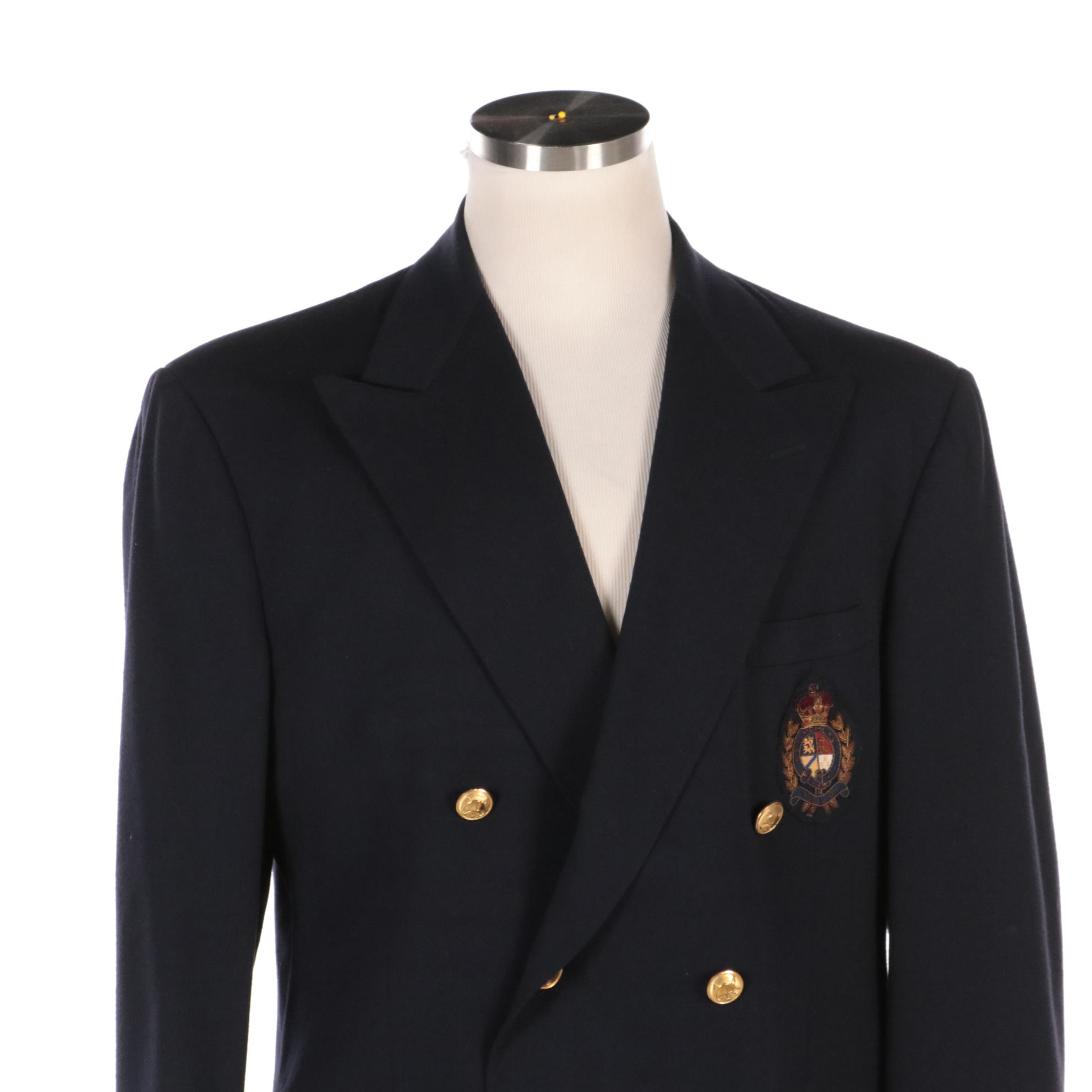 Polo by Ralph Lauren Navy Wool Double-Breasted Blazer with Embroidered Crest