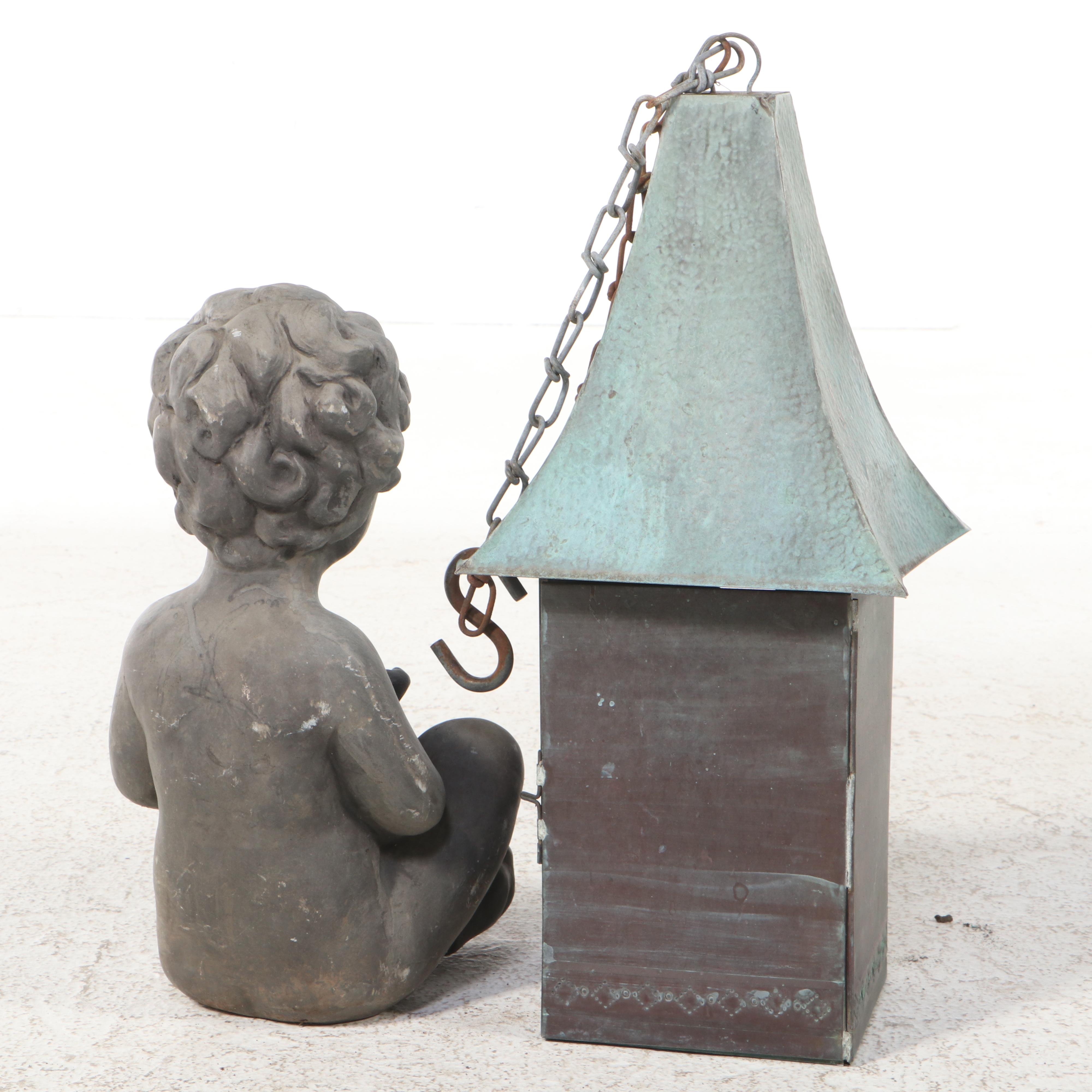 Cast Concrete Garden Statue with Copper Bird House EBTH