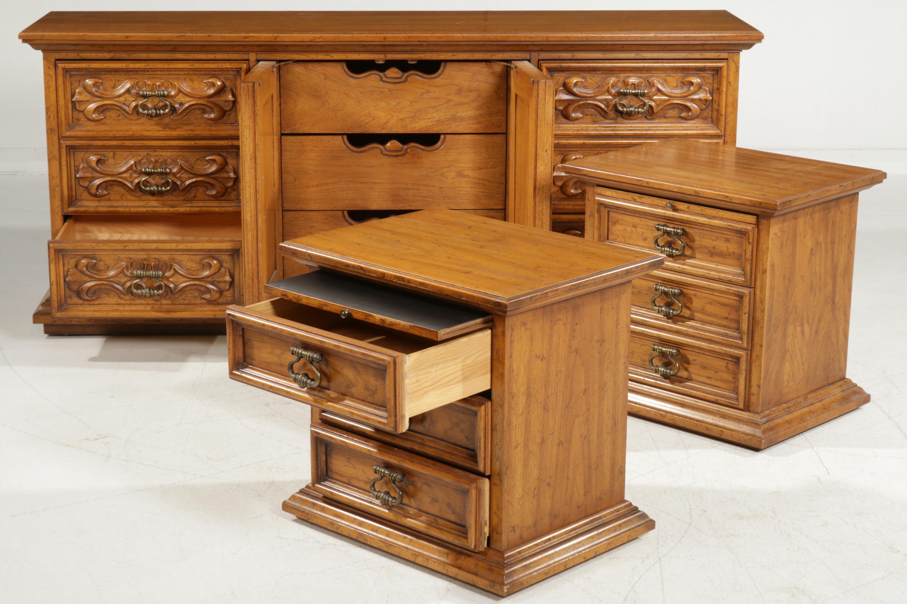 Drexel "Velero" Spanish Baroque Style Dresser and Three-Drawer Nightstands