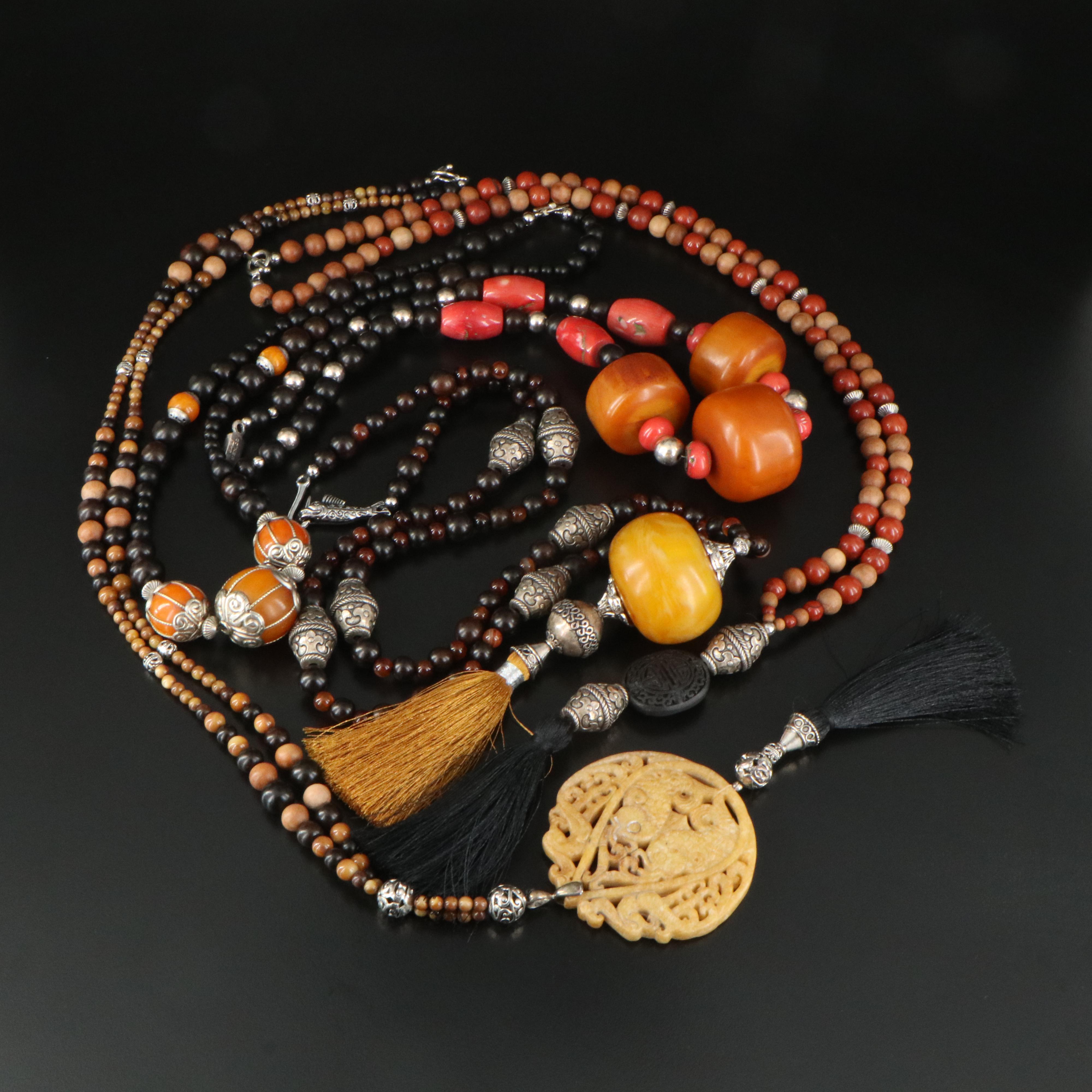 Bakelite, Coral and Resin Necklaces Featuring Sterling