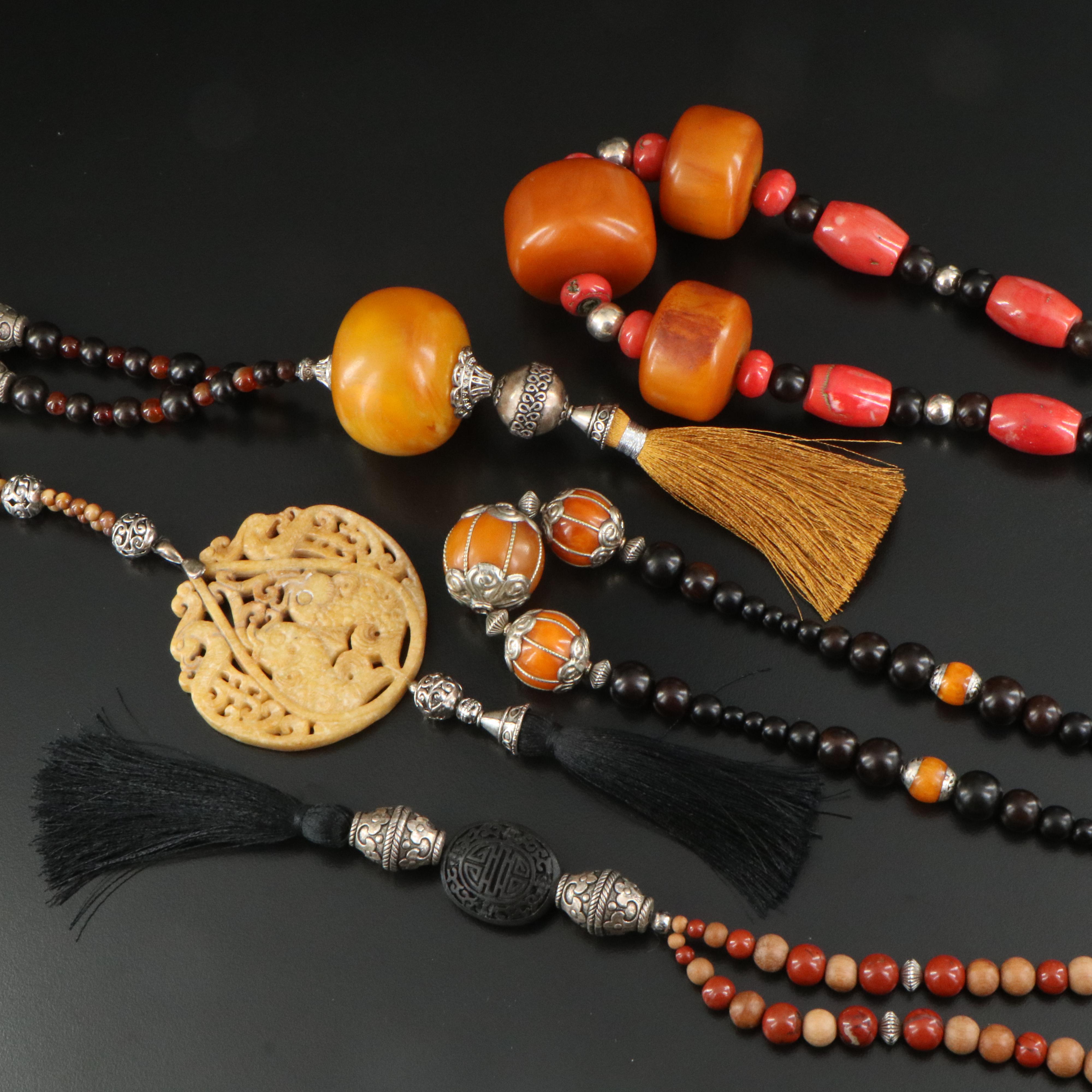 Bakelite, Coral and Resin Necklaces Featuring Sterling