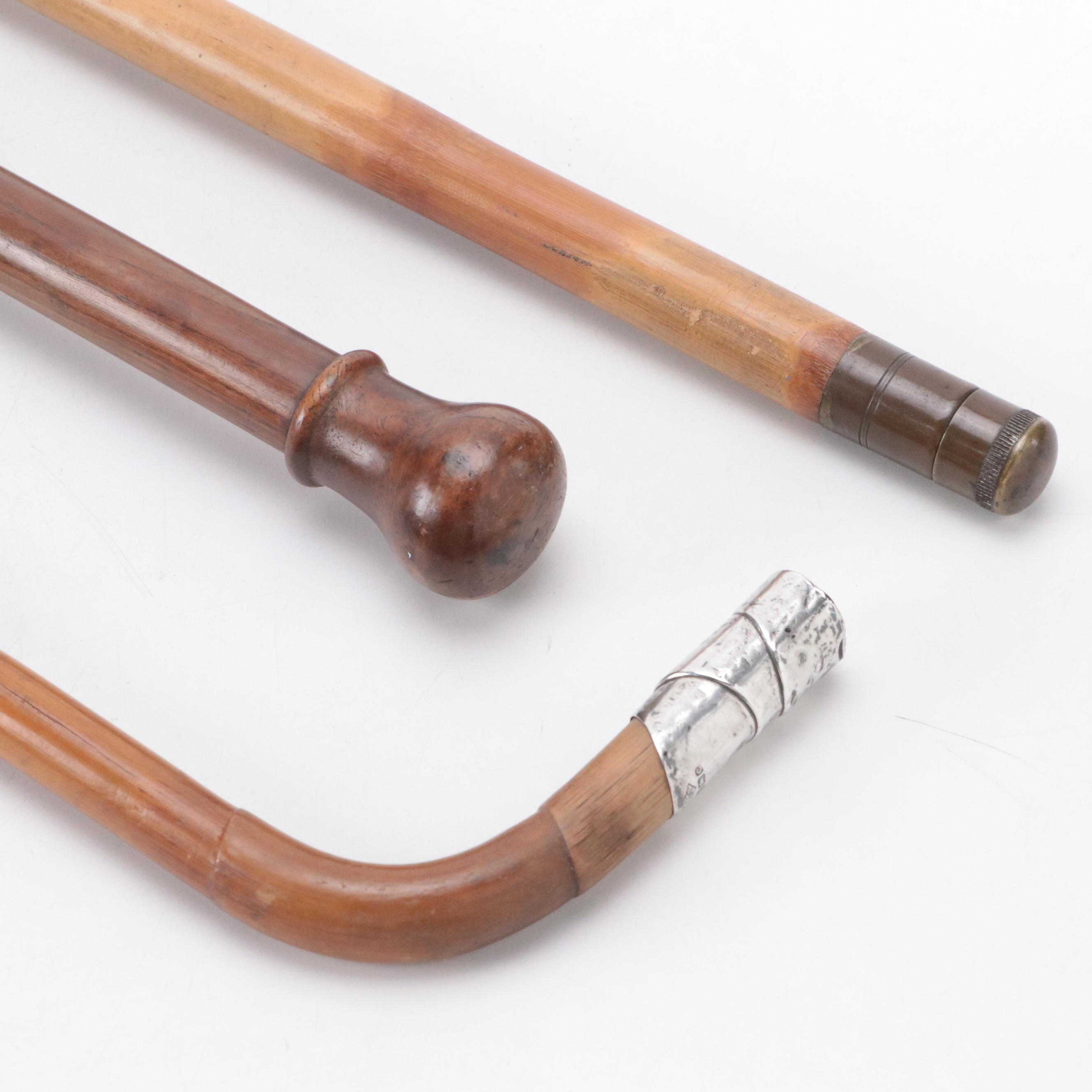 Aesthetic Sterling Handled Cane, Walking Stick with Hidden Fishing Rod, More