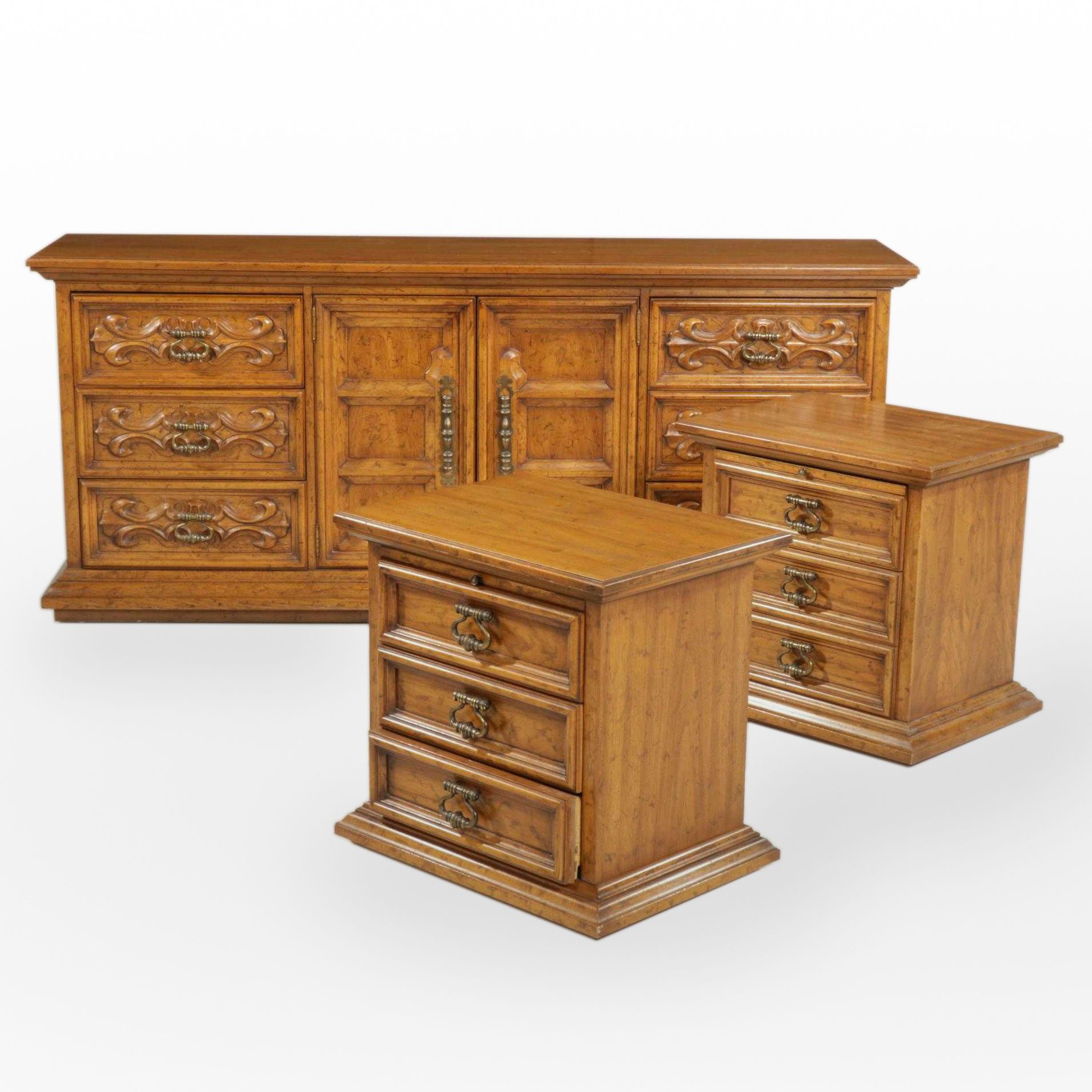 Drexel "Velero" Spanish Baroque Style Dresser and Three-Drawer Nightstands