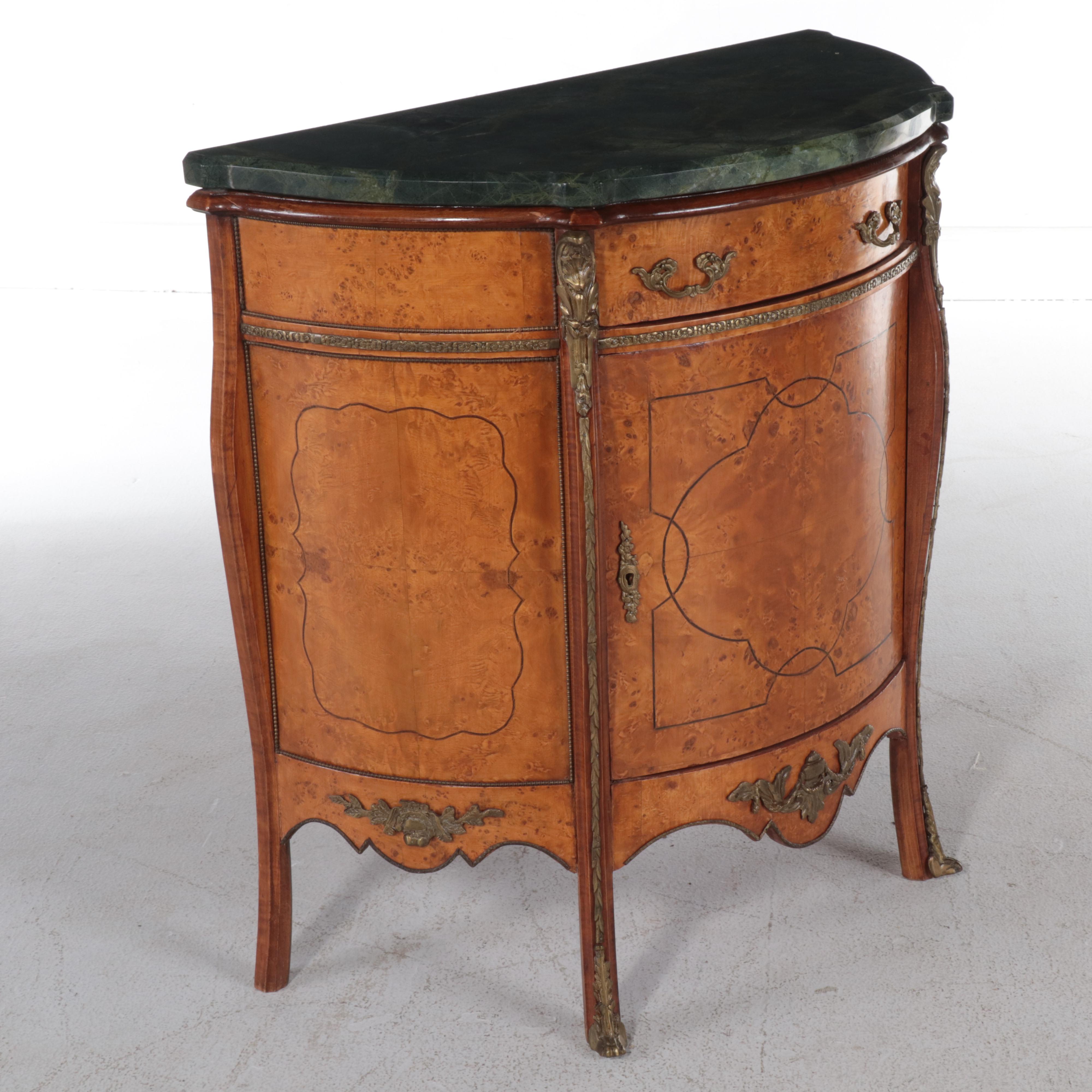 Louis XV Style Brass-Mounted Burlwood and Marble Top Bowfront Side Cabinet