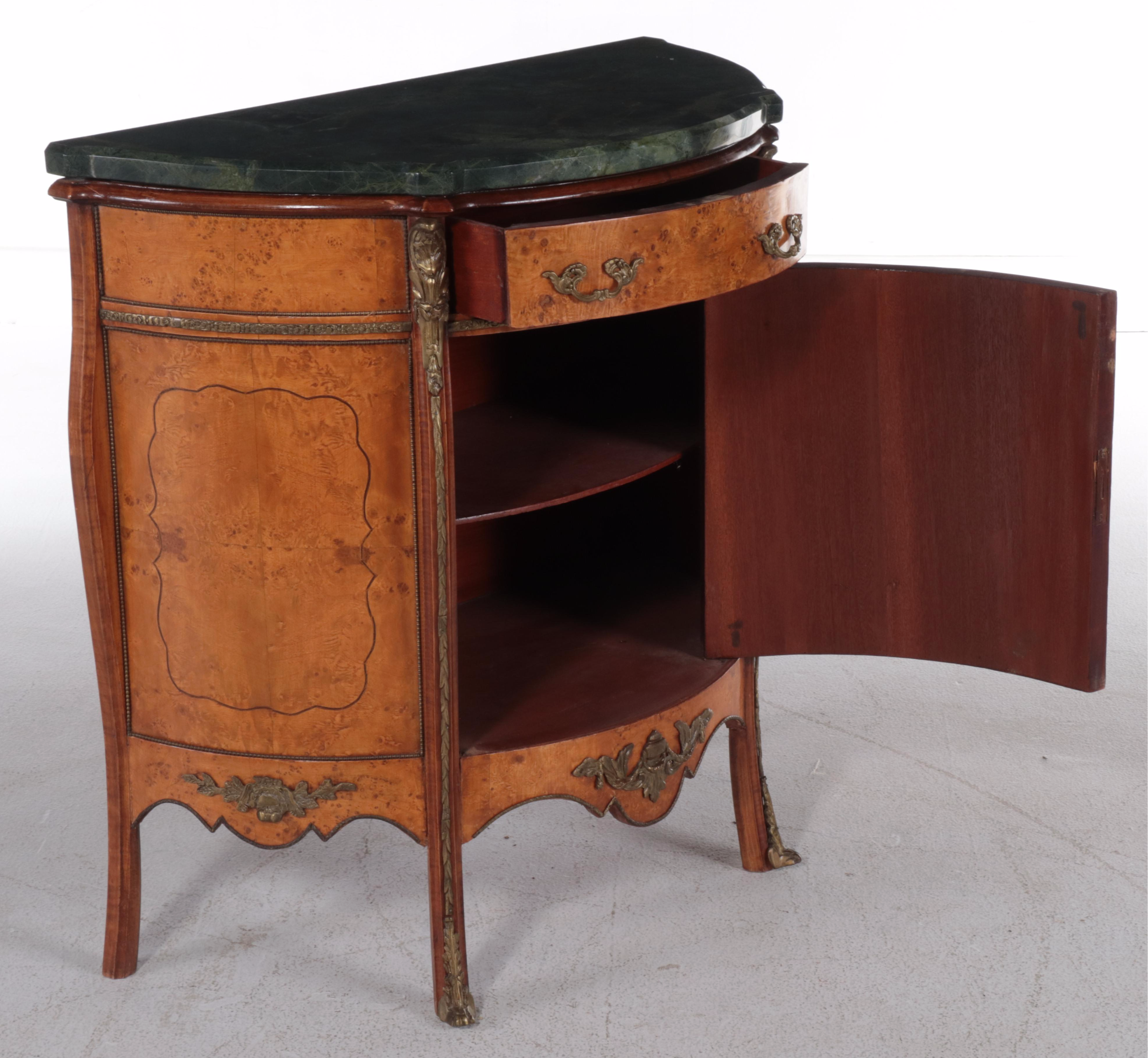 Louis XV Style Brass-Mounted Burlwood and Marble Top Bowfront Side Cabinet