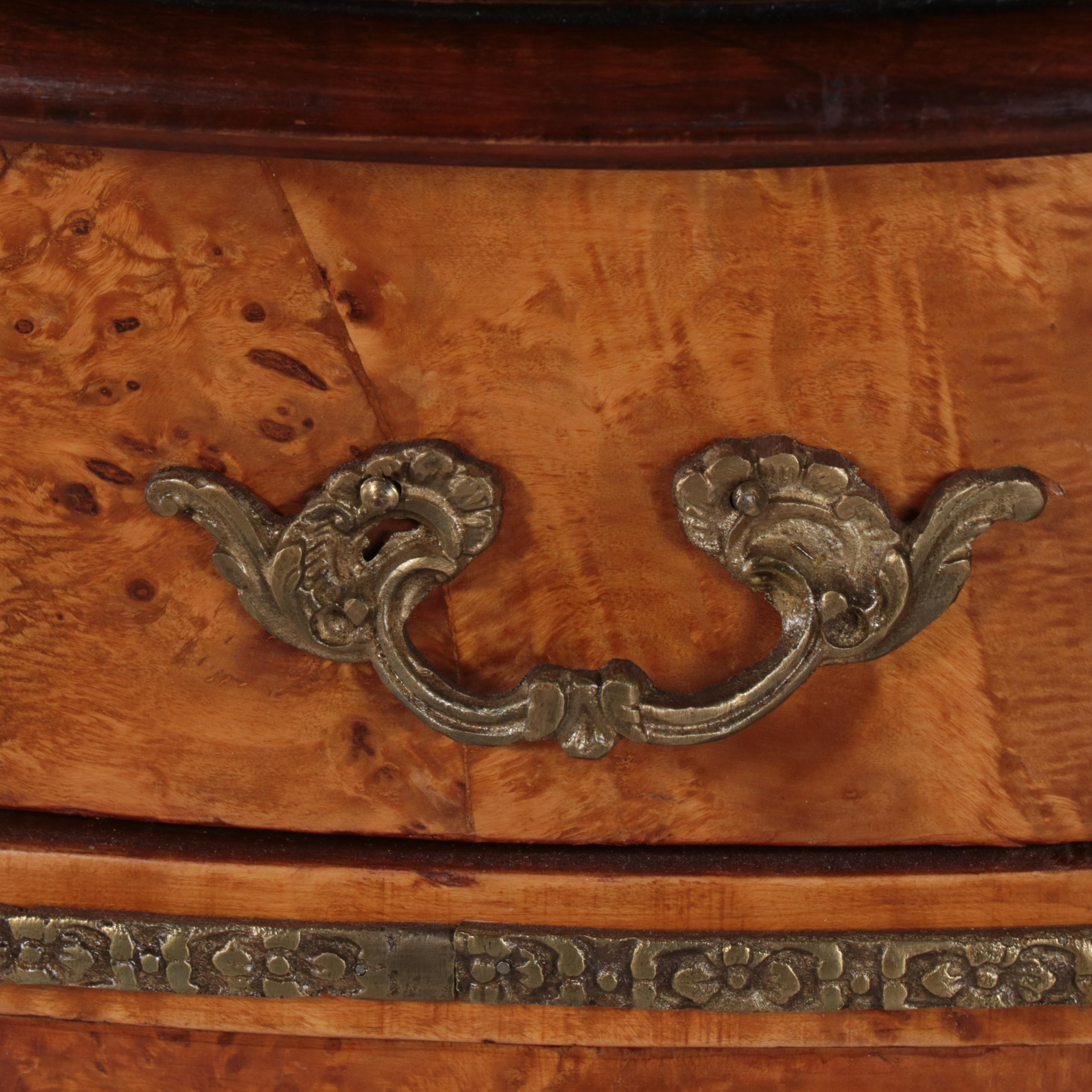 Louis XV Style Brass-Mounted Burlwood and Marble Top Bowfront Side Cabinet