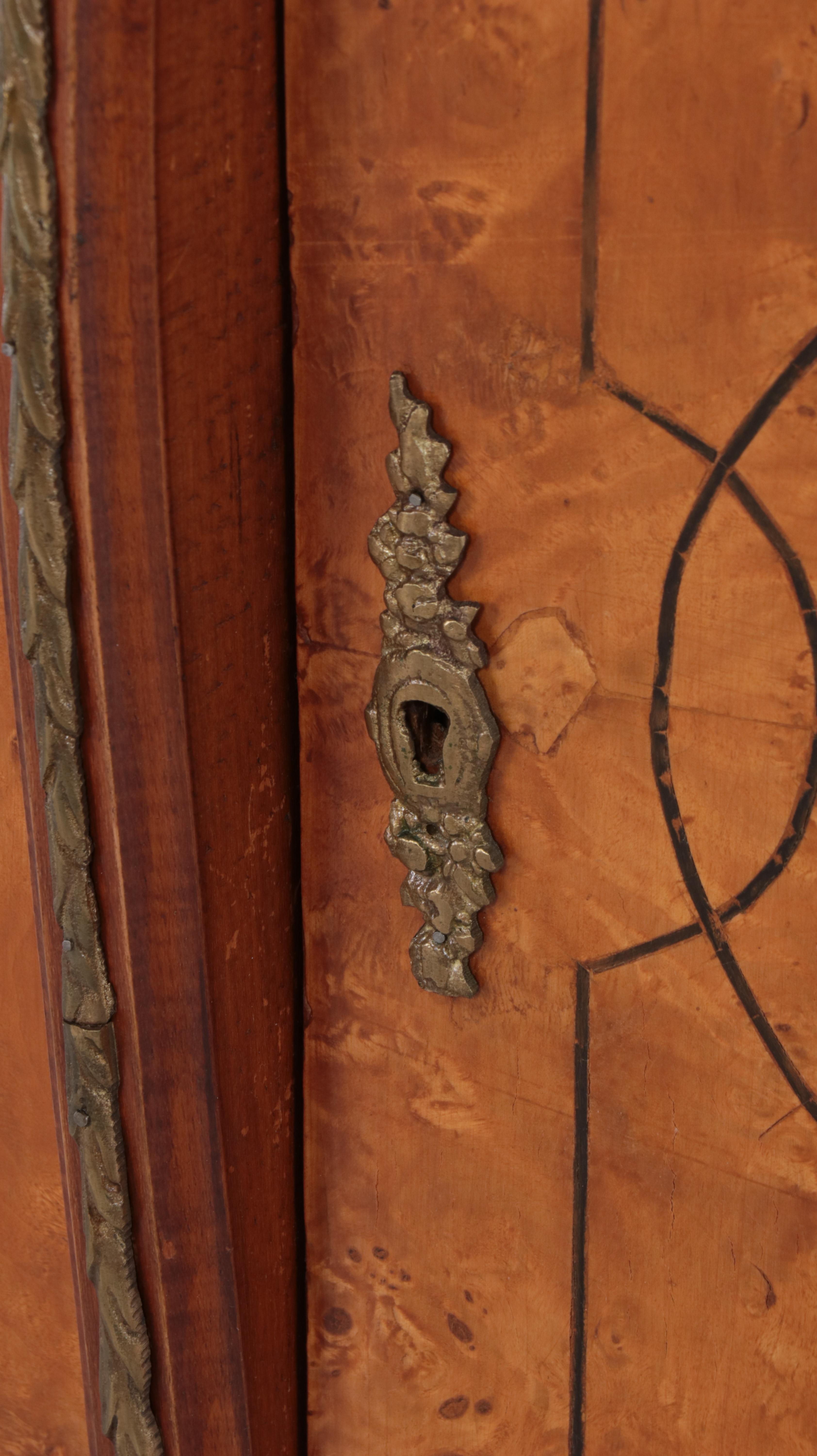 Louis XV Style Brass-Mounted Burlwood and Marble Top Bowfront Side Cabinet