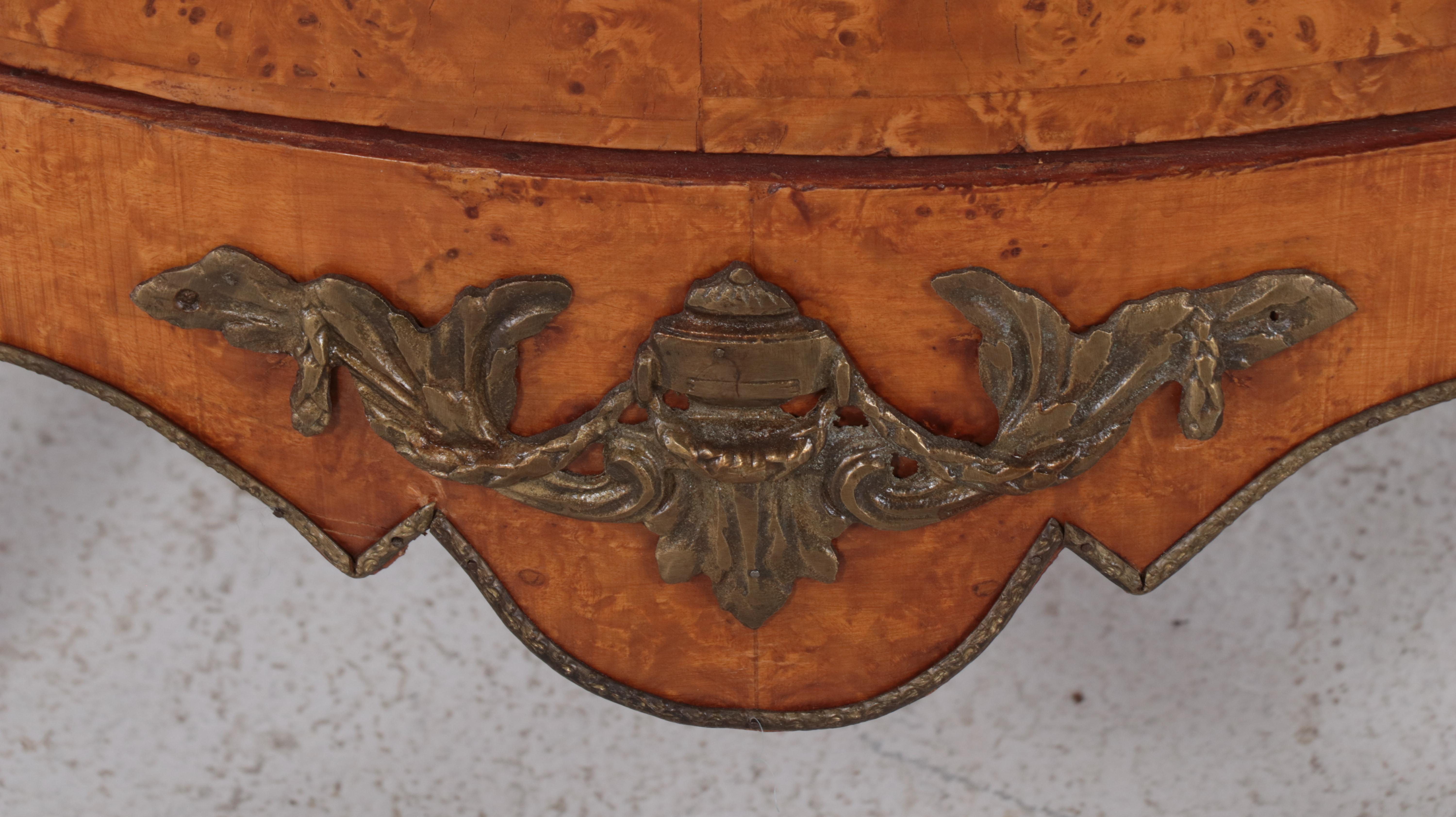 Louis XV Style Brass-Mounted Burlwood and Marble Top Bowfront Side Cabinet