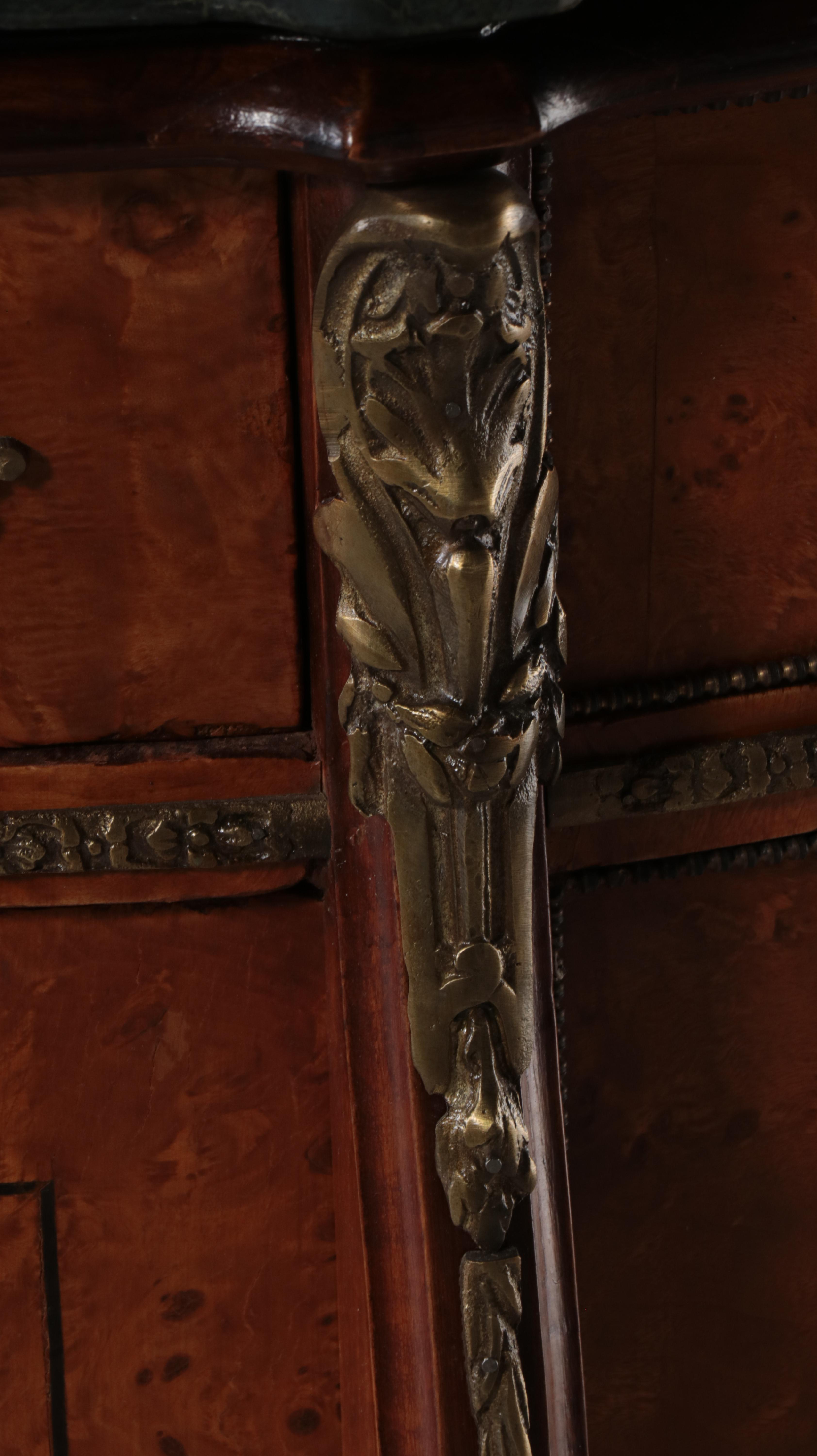 Louis XV Style Brass-Mounted Burlwood and Marble Top Bowfront Side Cabinet