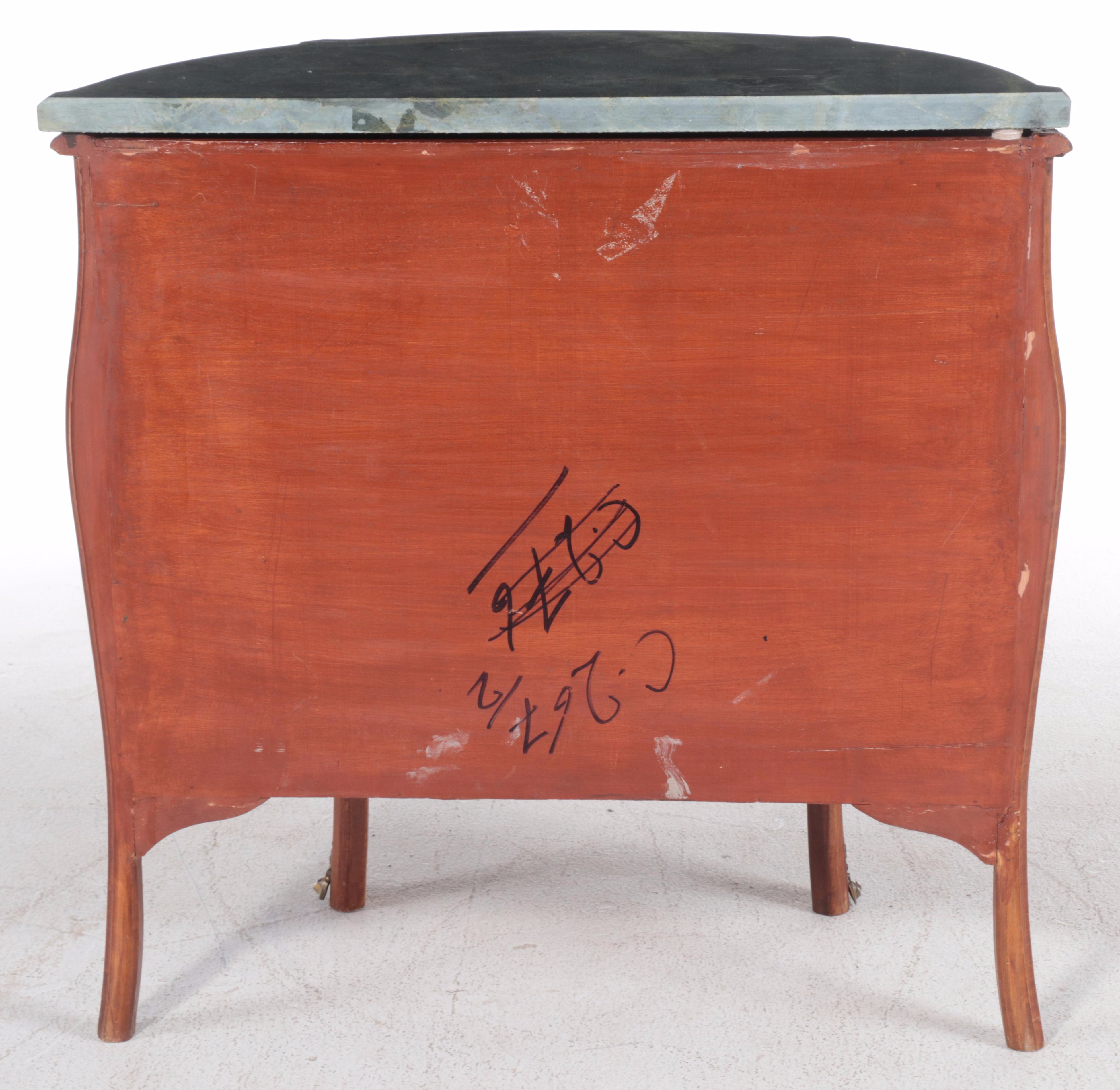 Louis XV Style Brass-Mounted Burlwood and Marble Top Bowfront Side Cabinet