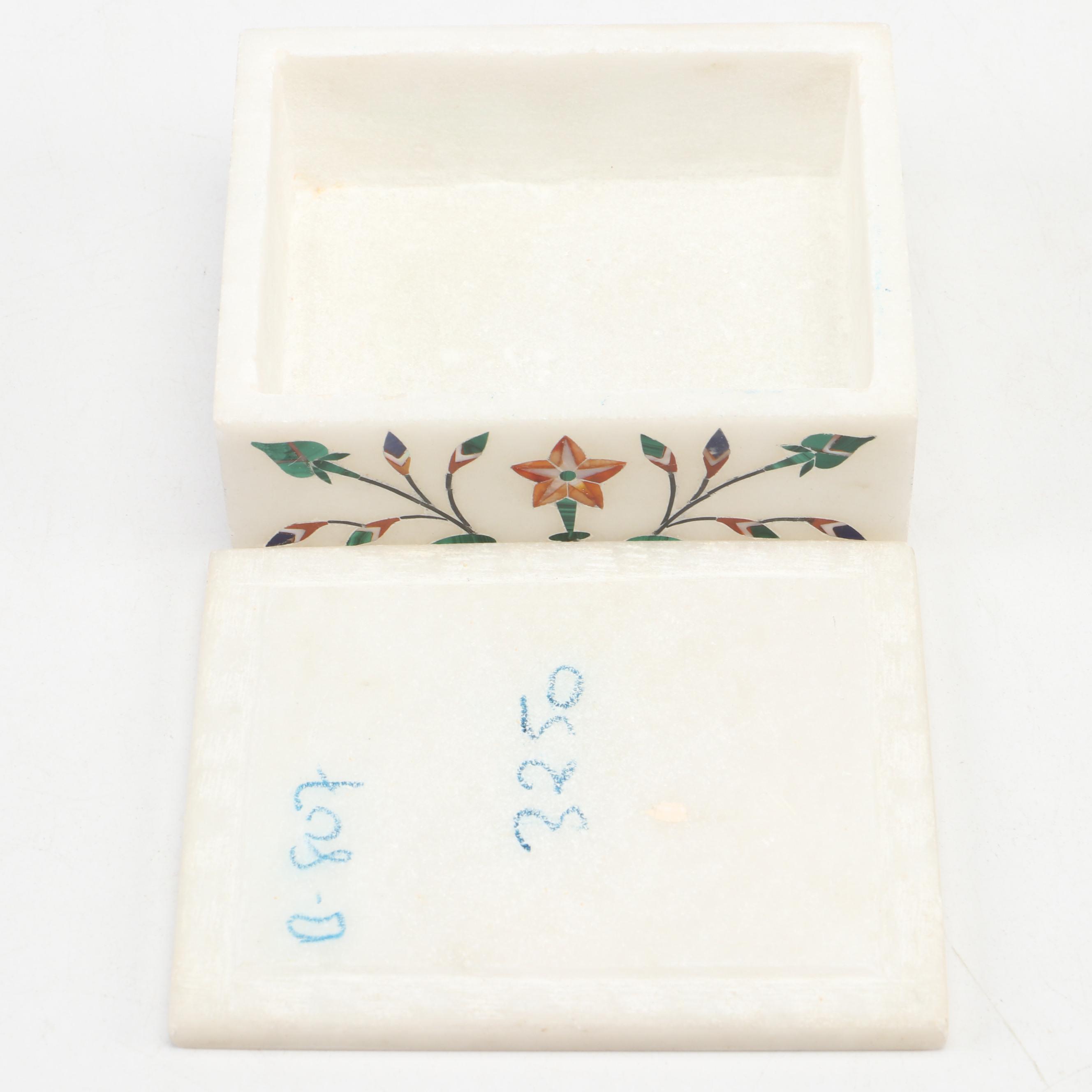 Malachite, Lapis, Chalcedony Lapidary Inlay and Stone Box