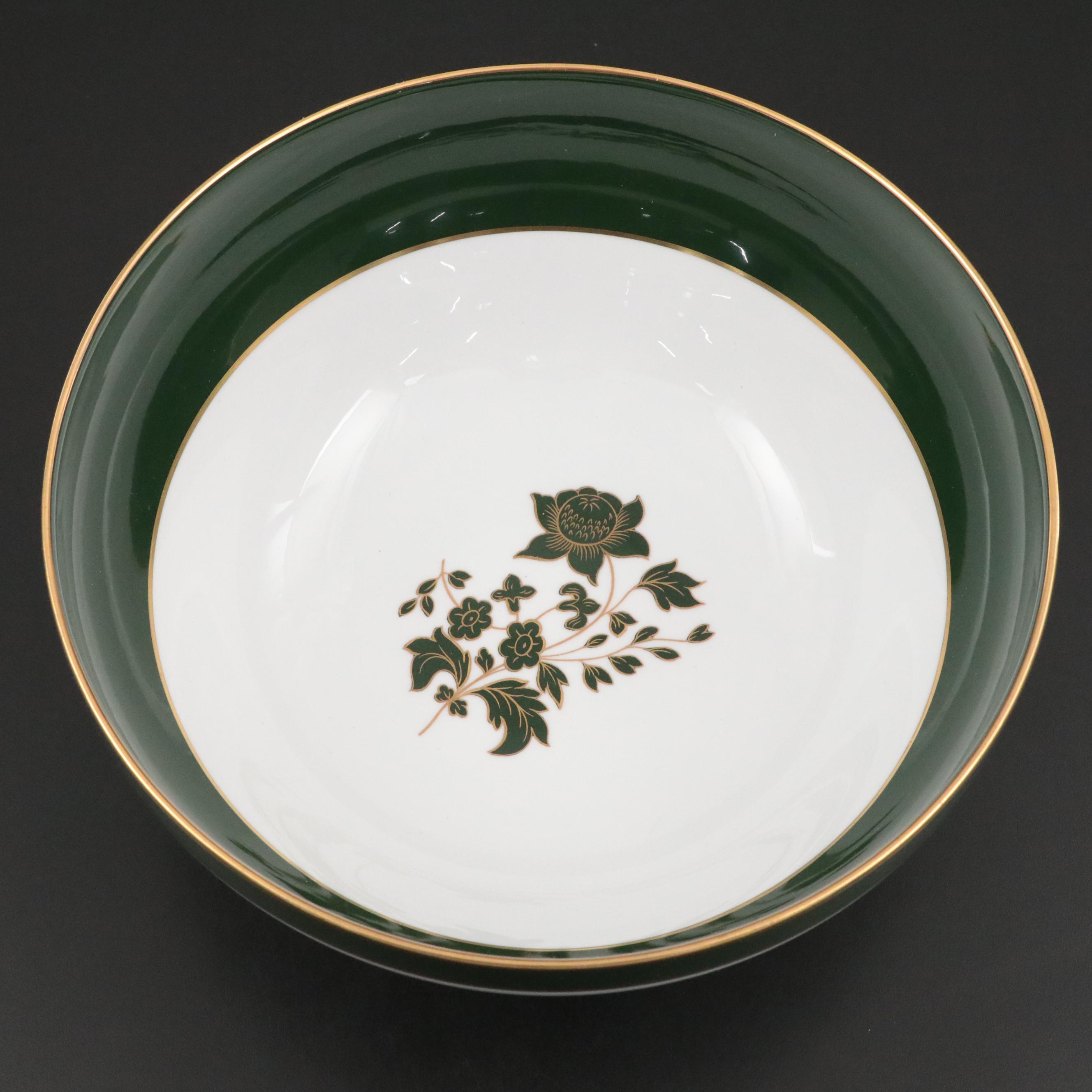 Spode Green Floral Motif and Trim Bone China Salad Serving Bowl