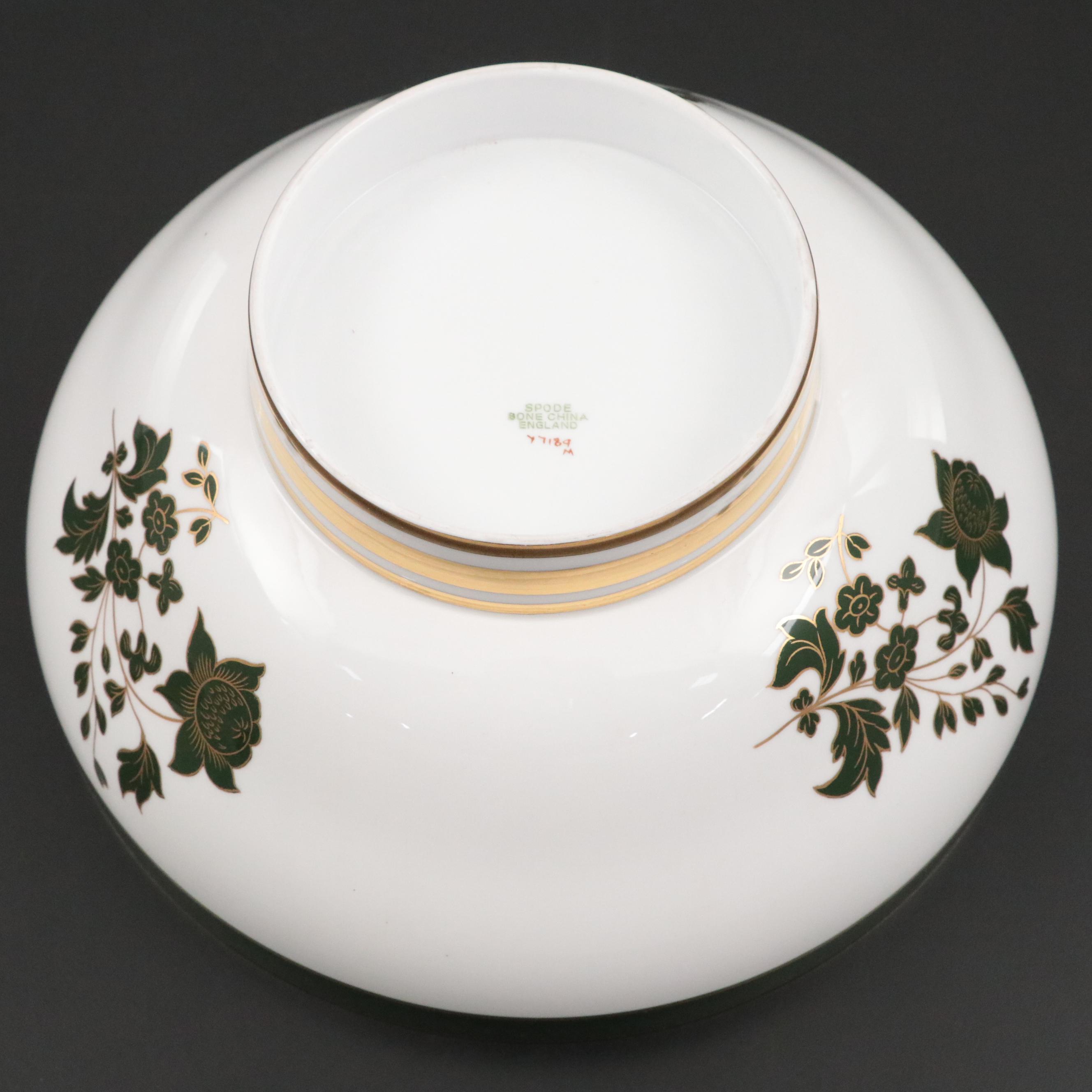 Spode Green Floral Motif and Trim Bone China Salad Serving Bowl
