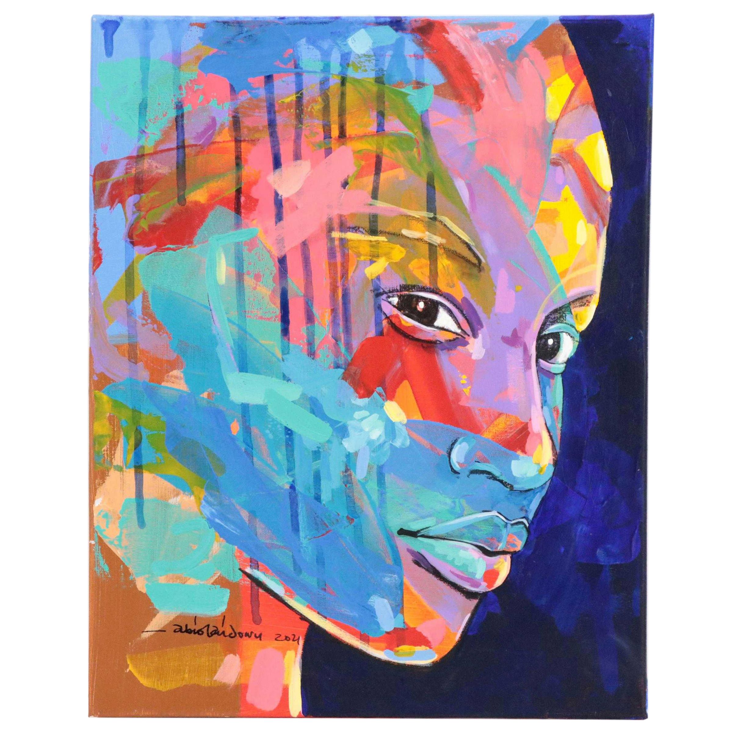 Abiola Idowu Stylized Portrait Mixed Media Painting "Symbol of Humility," 2021